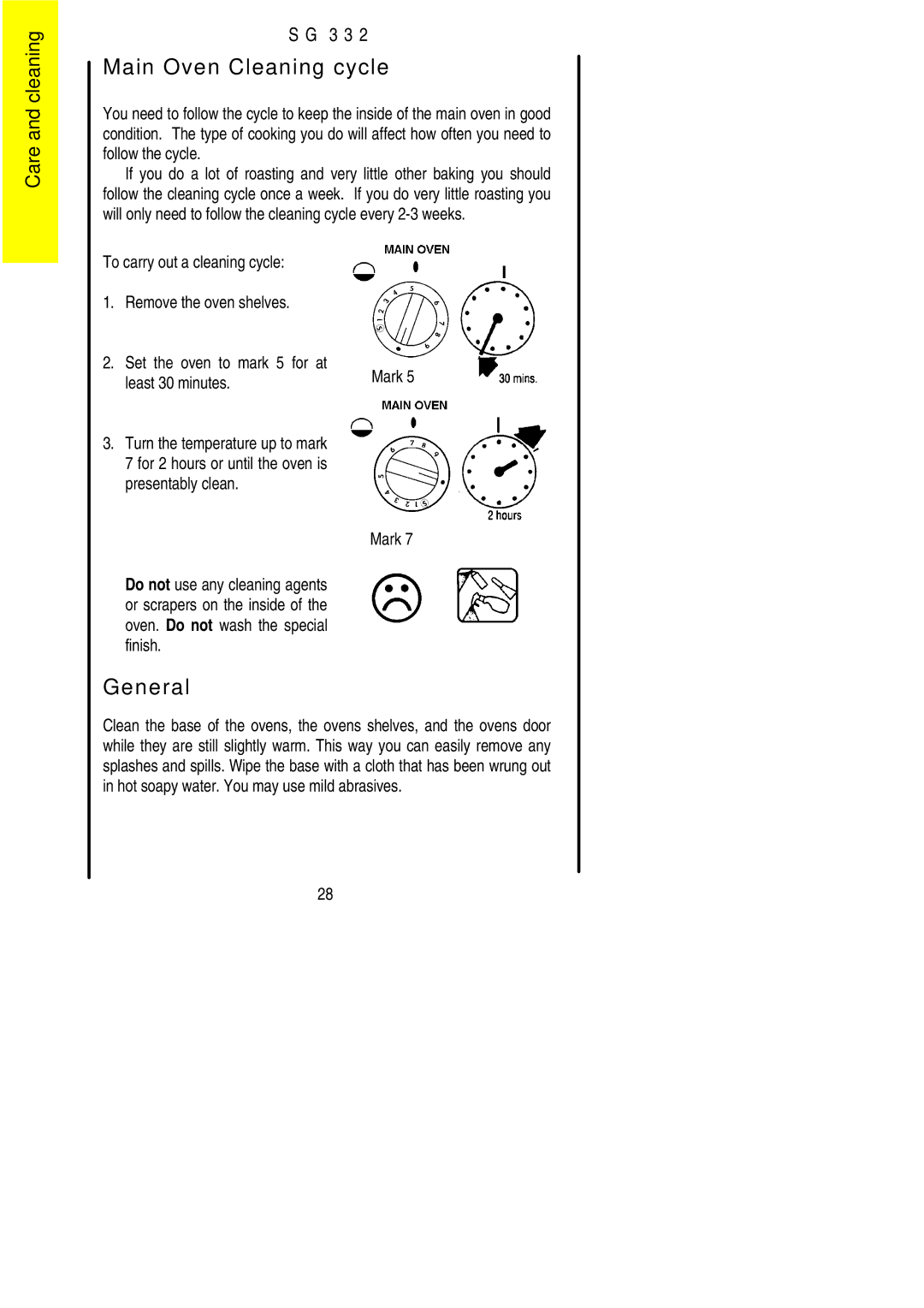 Electrolux SG 332 installation instructions Main Oven Cleaning cycle, General 