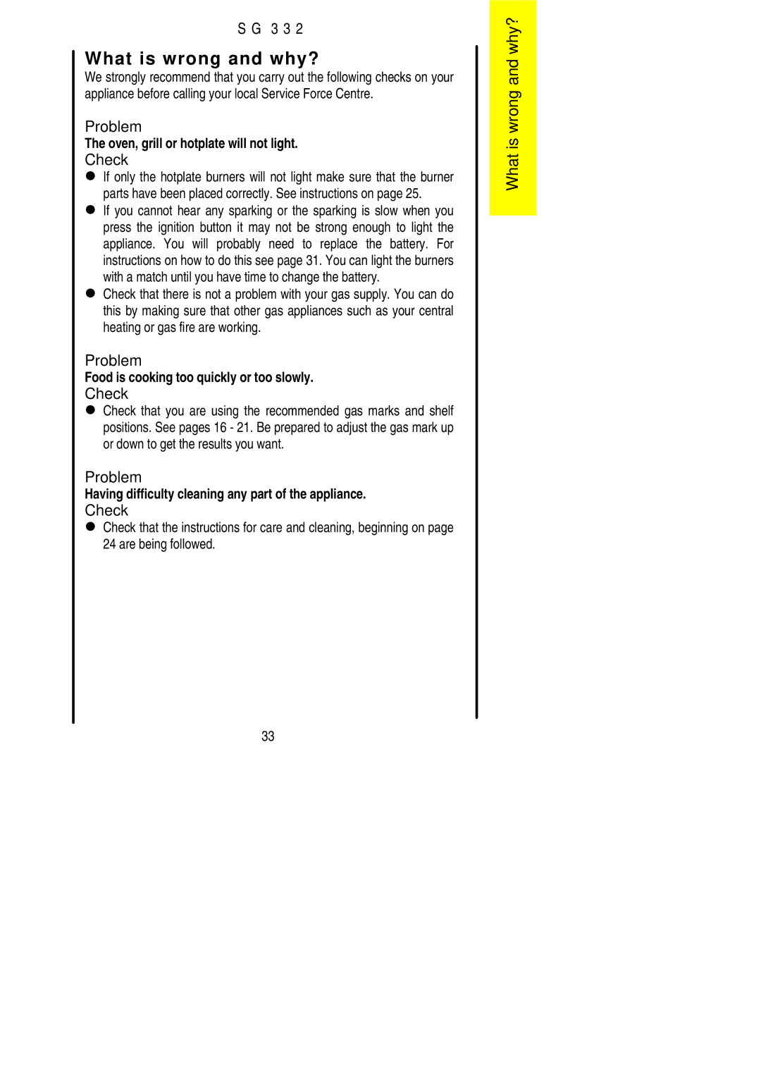 Electrolux SG 332 installation instructions What is wrong and why?, Check 