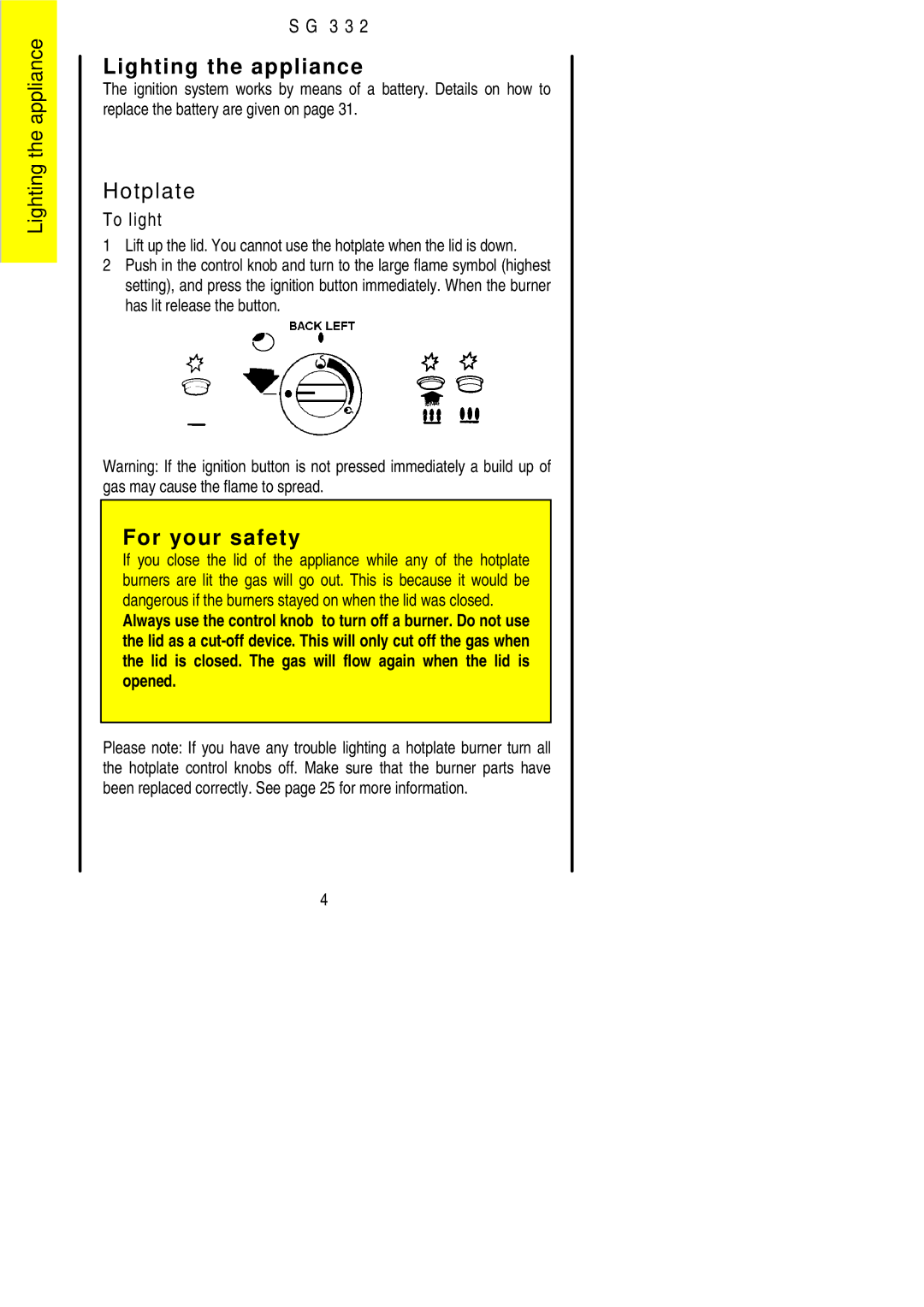 Electrolux SG 332 installation instructions Lighting the appliance, Hotplate 