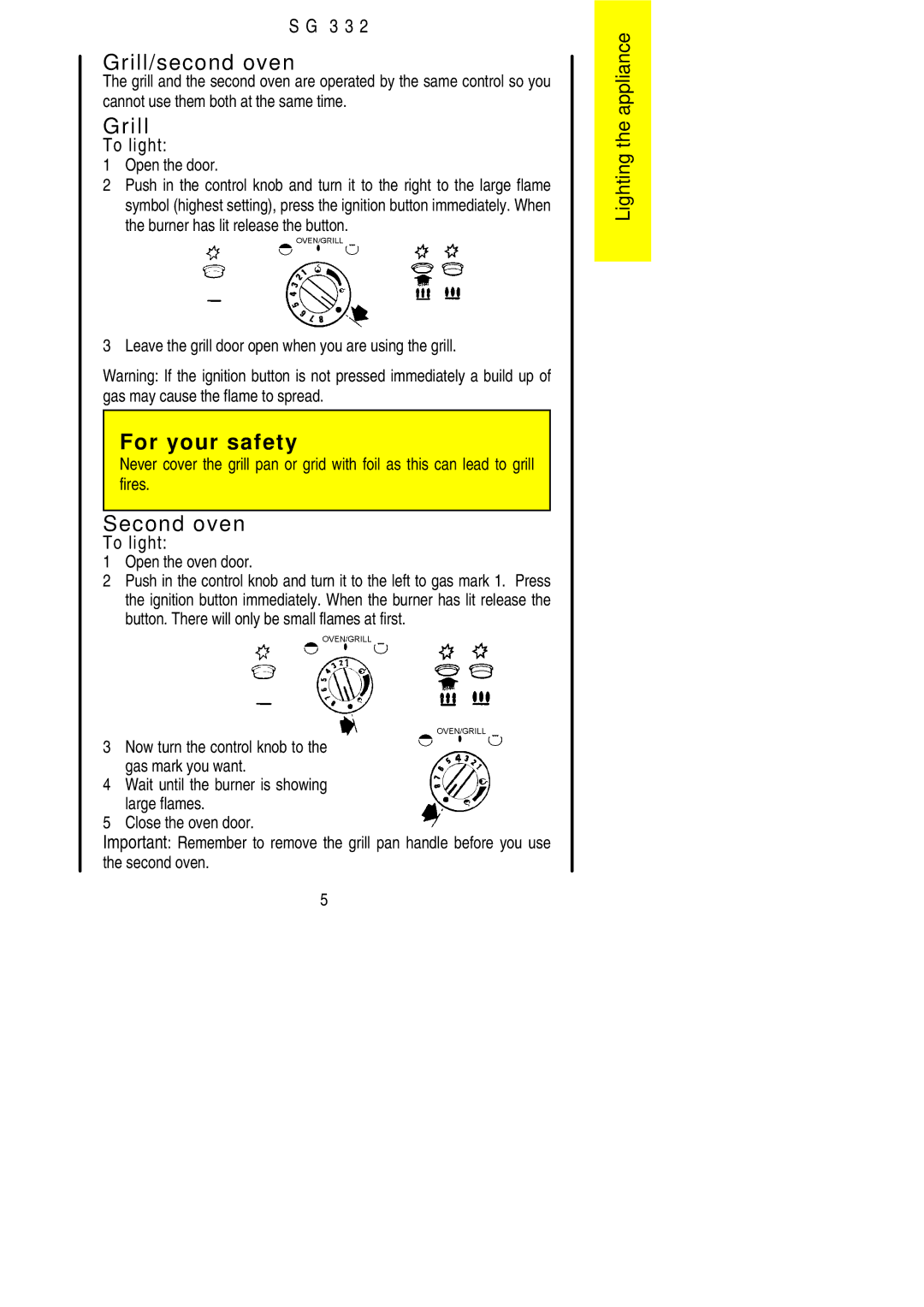 Electrolux SG 332 installation instructions Grill/second oven, Second oven 