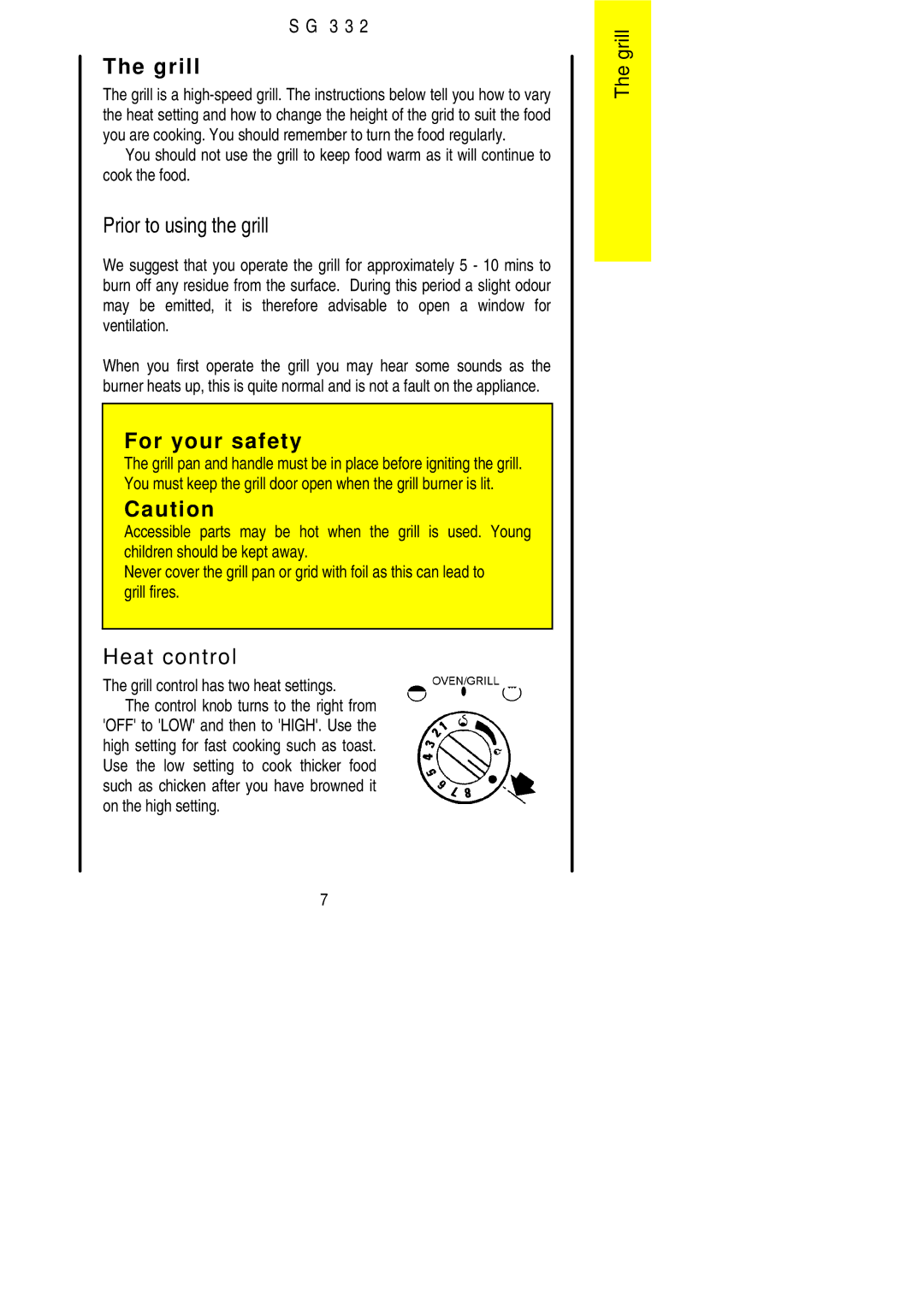 Electrolux SG 332 installation instructions Prior to using the grill, Heat control, Grill control has two heat settings 