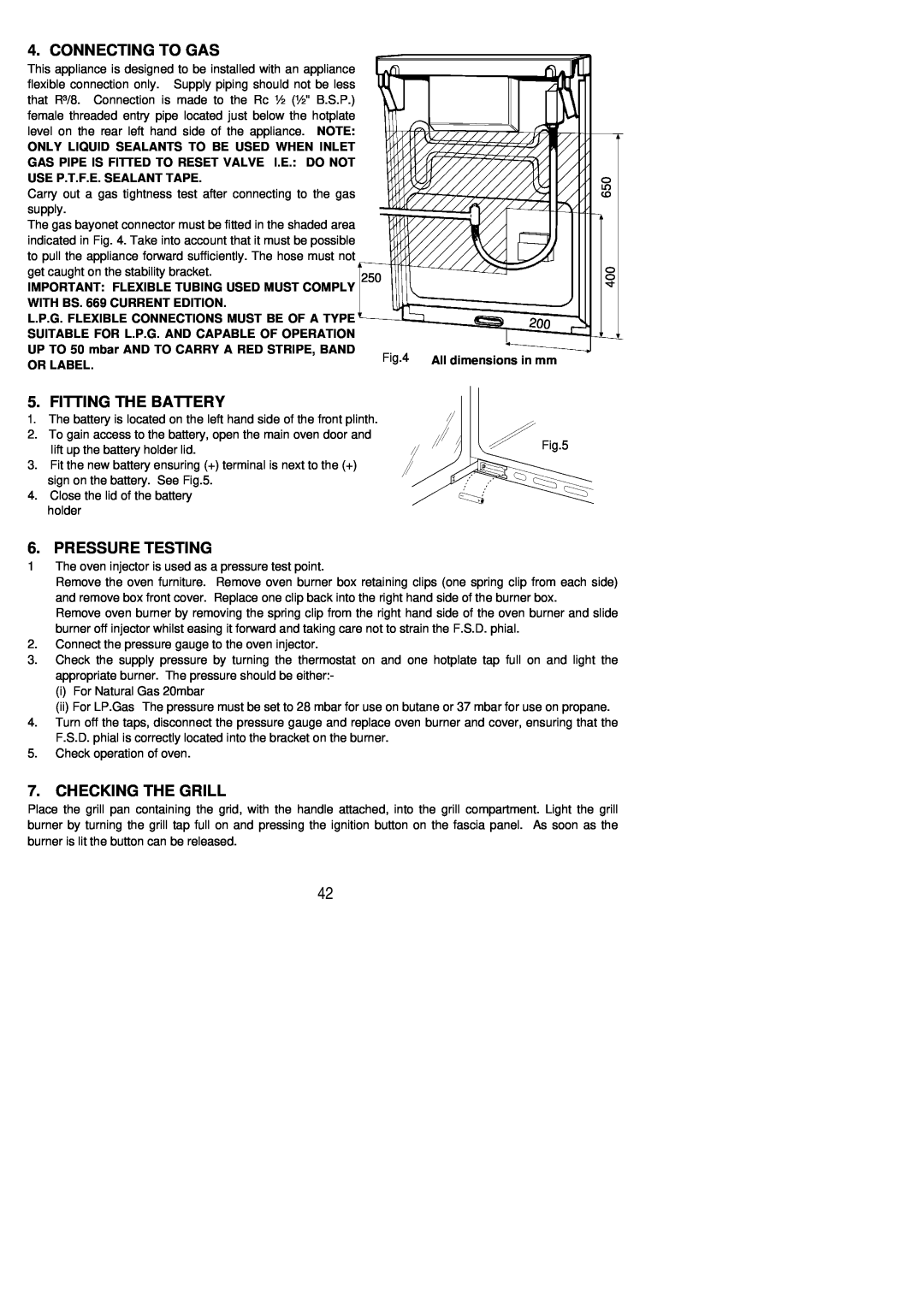 Electrolux SG 332 installation instructions Connecting To Gas, Fitting The Battery, Pressure Testing, Checking The Grill 