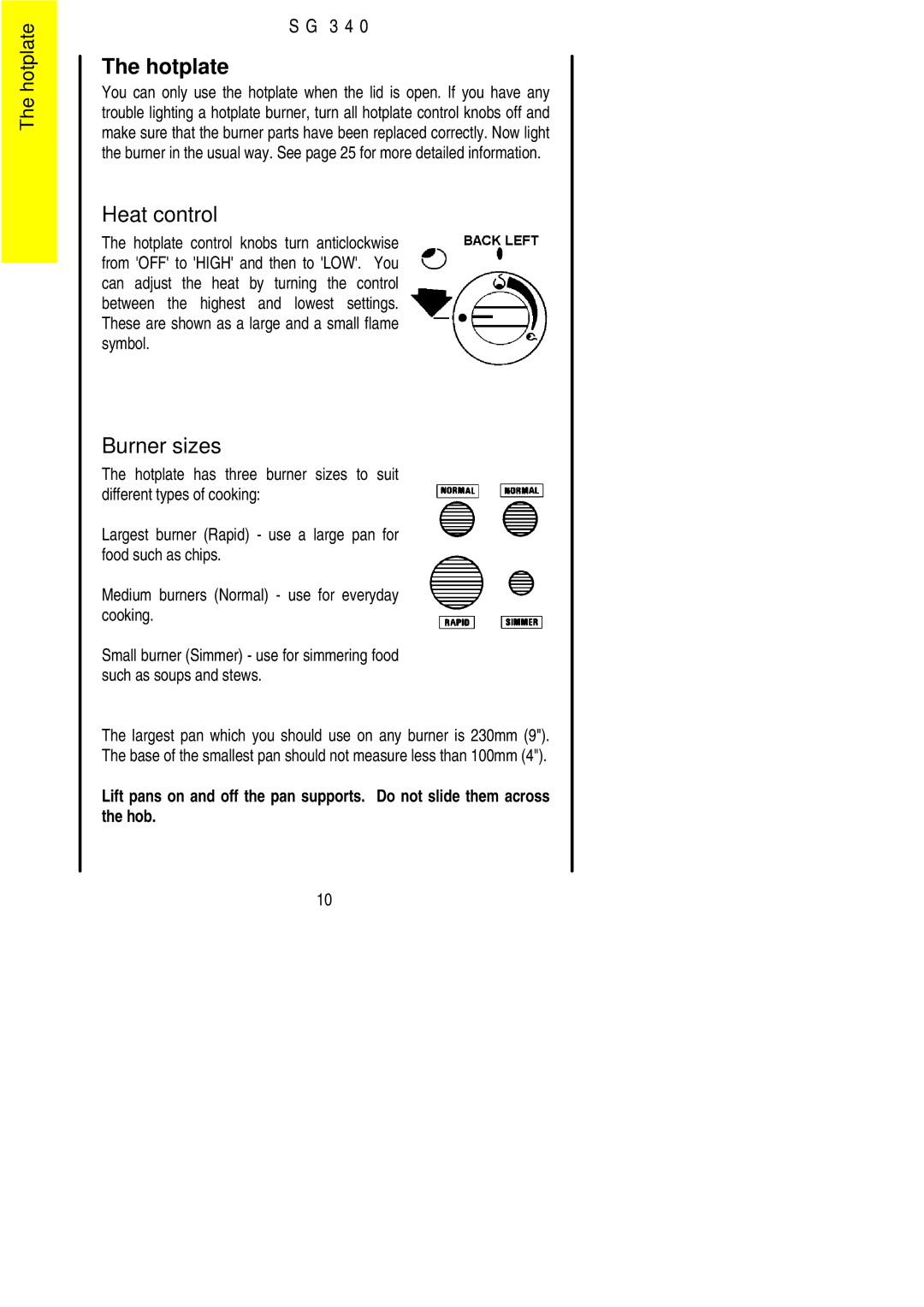 Electrolux SG 340 installation instructions Hotplate, Burner sizes 