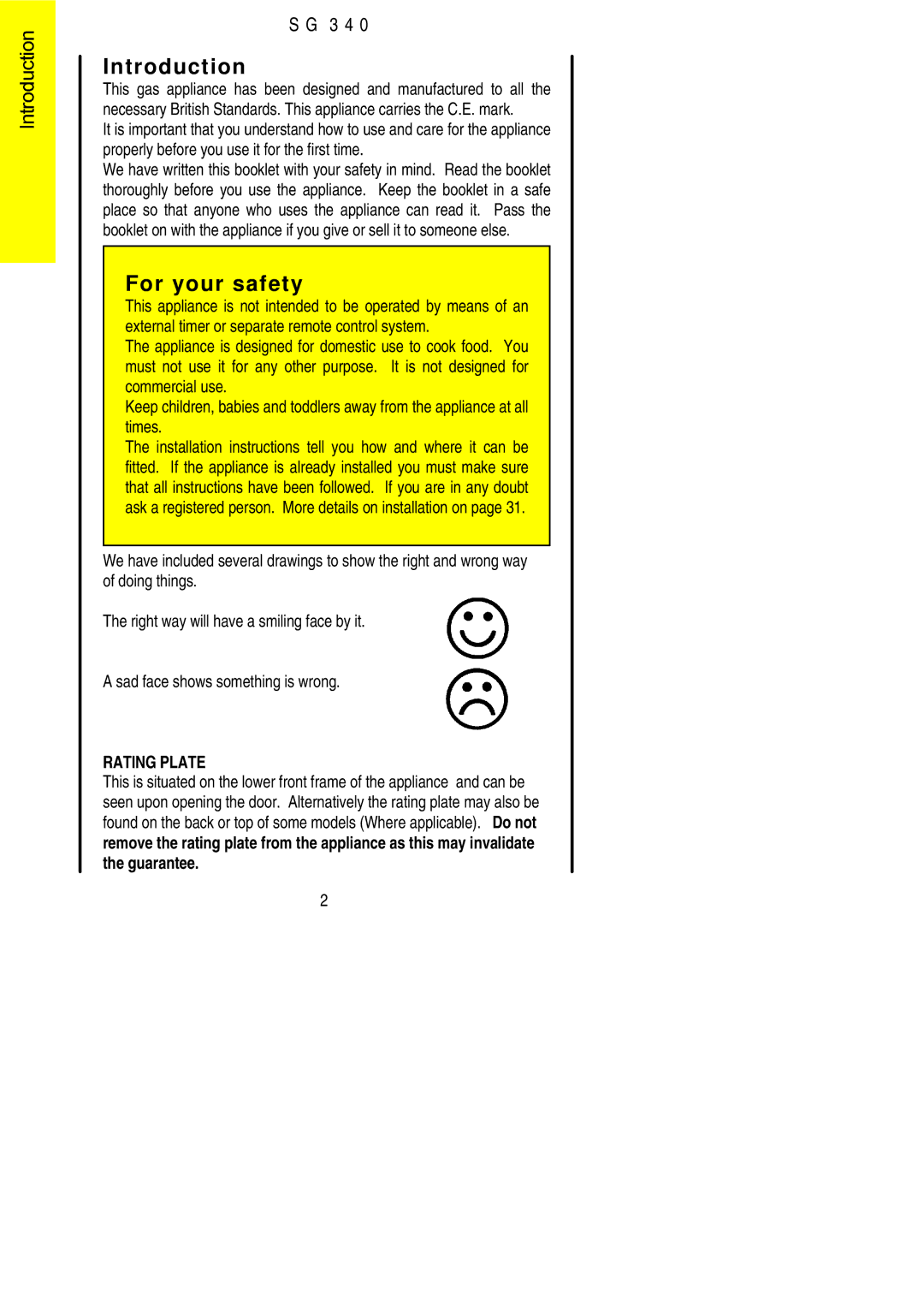 Electrolux SG 340 installation instructions Introduction, For your safety 