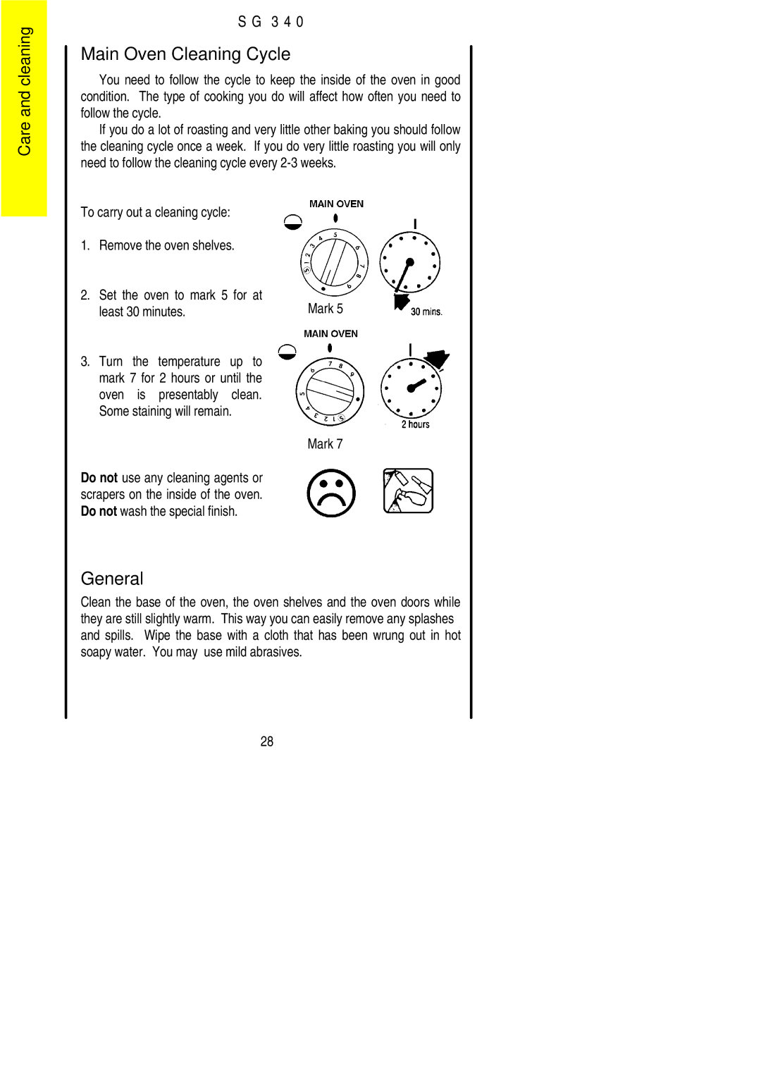 Electrolux SG 340 installation instructions Main Oven Cleaning Cycle, Mark 