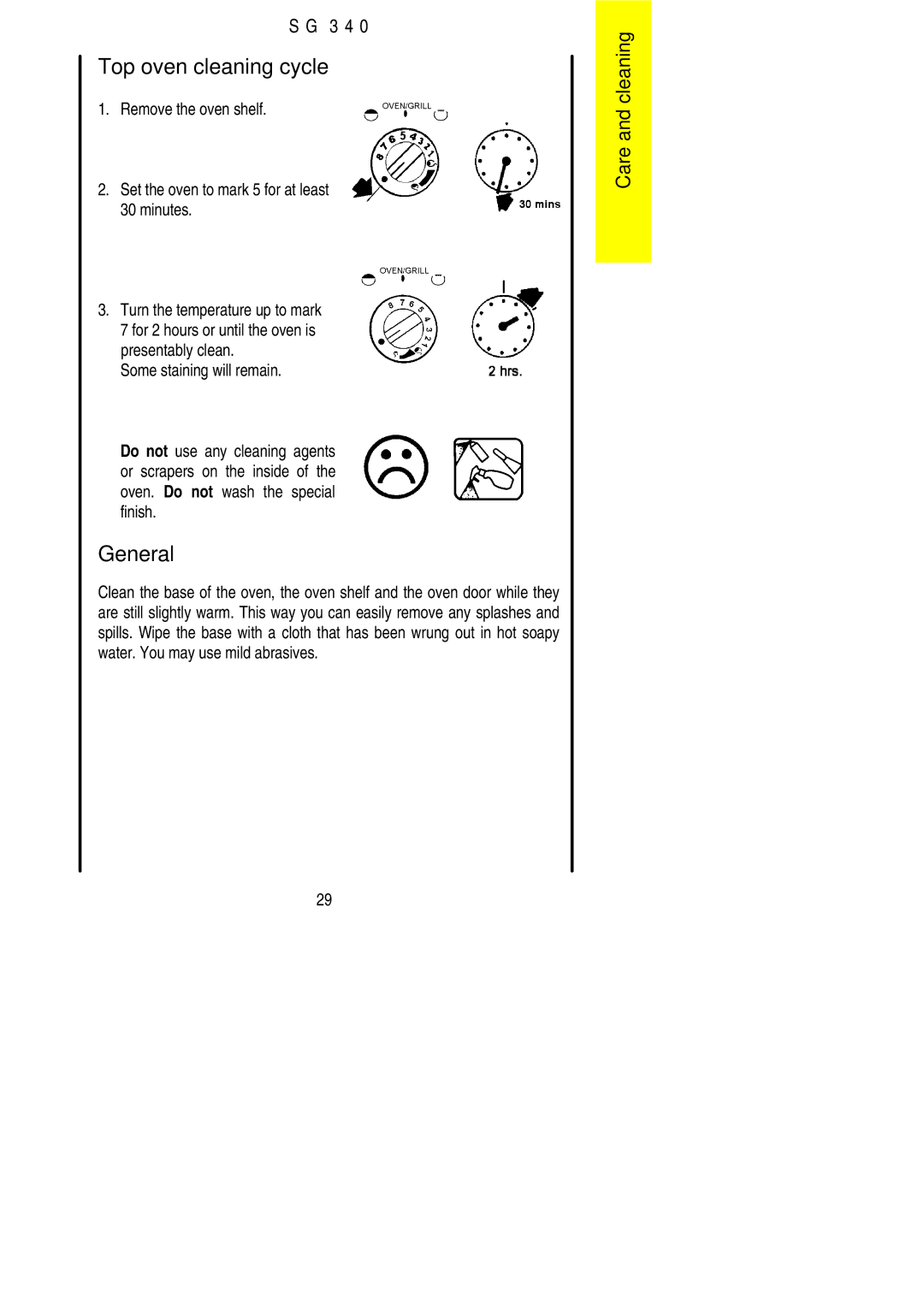 Electrolux SG 340 installation instructions Top oven cleaning cycle 