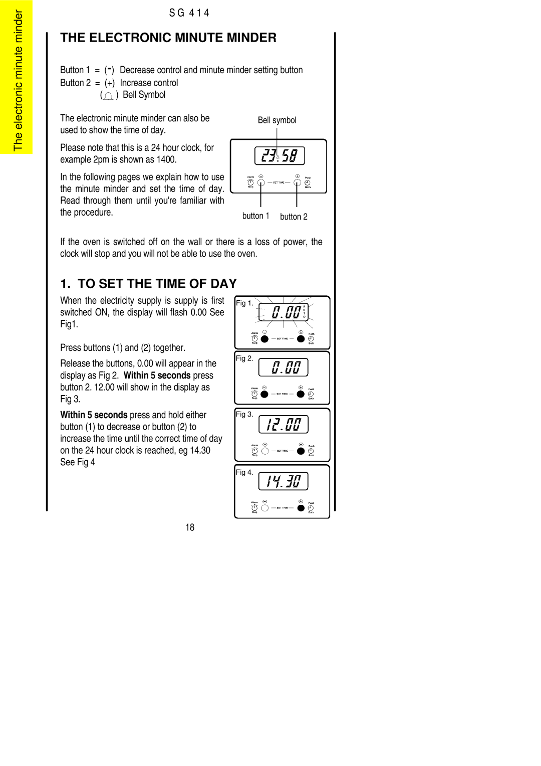 Electrolux SG 414 Increase control, Bell Symbol, Fig1 Press buttons 1 and 2 together, Button 1 to decrease or button 2 to 