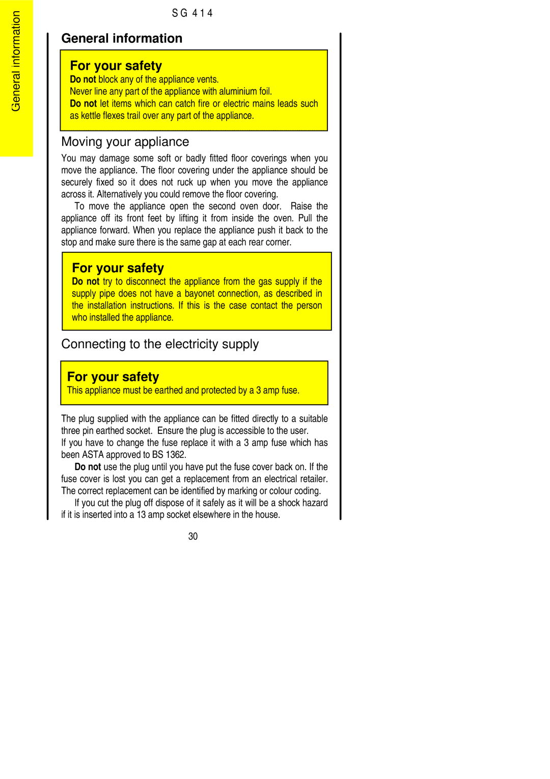 Electrolux SG 414 General information For your safety, Moving your appliance, Connecting to the electricity supply 