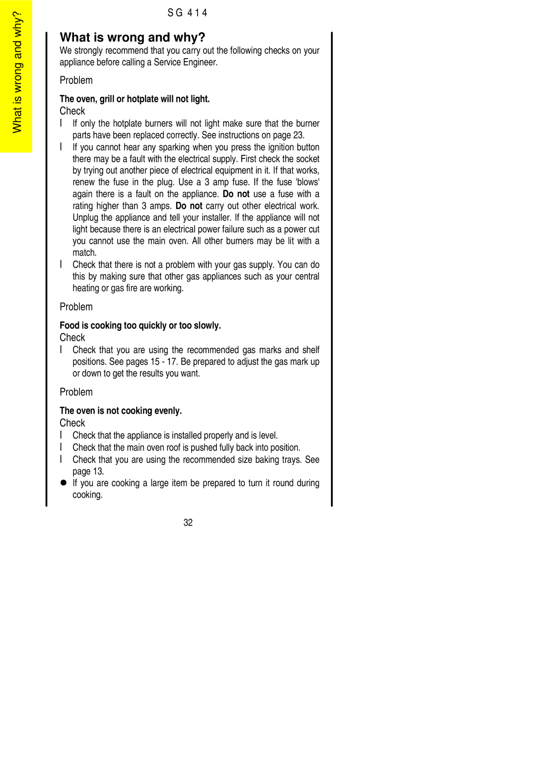 Electrolux SG 414 installation instructions What is wrong and why?, Check 