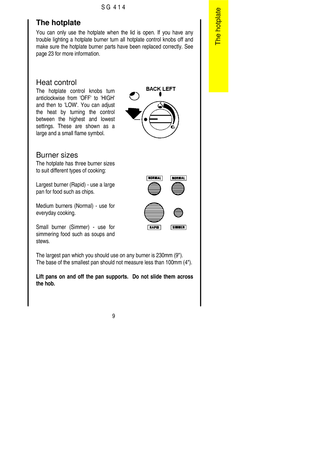 Electrolux SG 414 installation instructions Hotplate, Burner sizes 