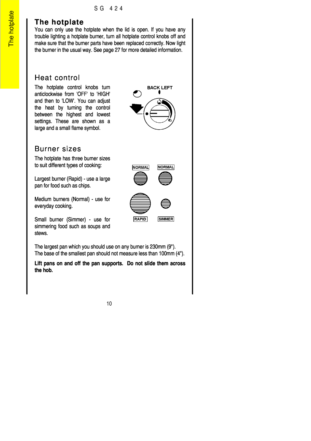 Electrolux SG 424 installation instructions The hotplate, Burner sizes, Heat control, S G 4 2 