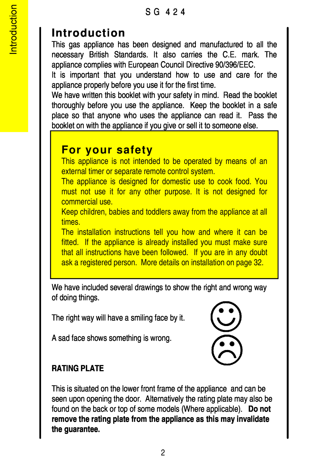 Electrolux SG 424 installation instructions Introduction, For your safety, S G 4 2, Rating Plate 