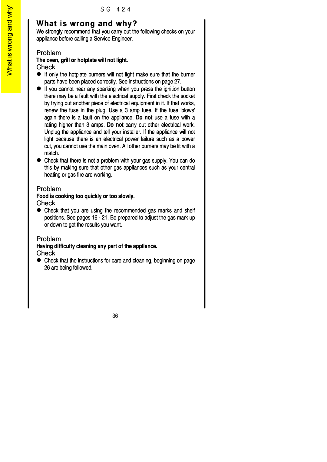 Electrolux SG 424 What is wrong and why?, Problem, lCheck, The oven, grill or hotplate will not light, S G 4 2 