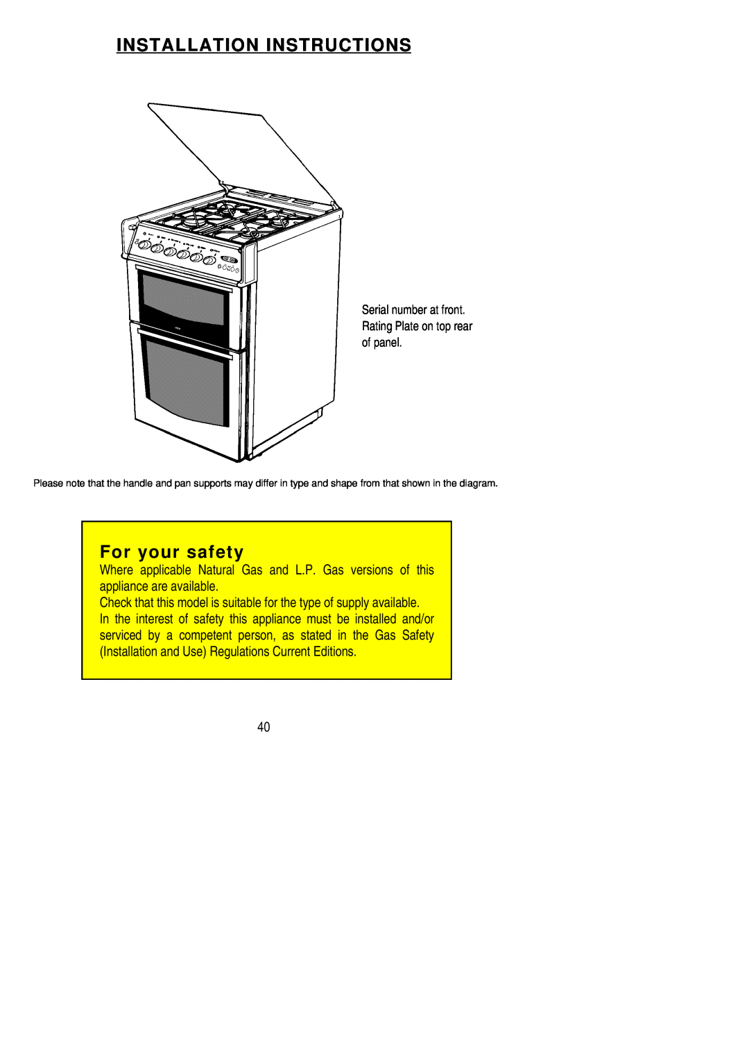 Electrolux SG 424 Installation Instructions, For your safety, Serial number at front. Rating Plate on top rear of panel 