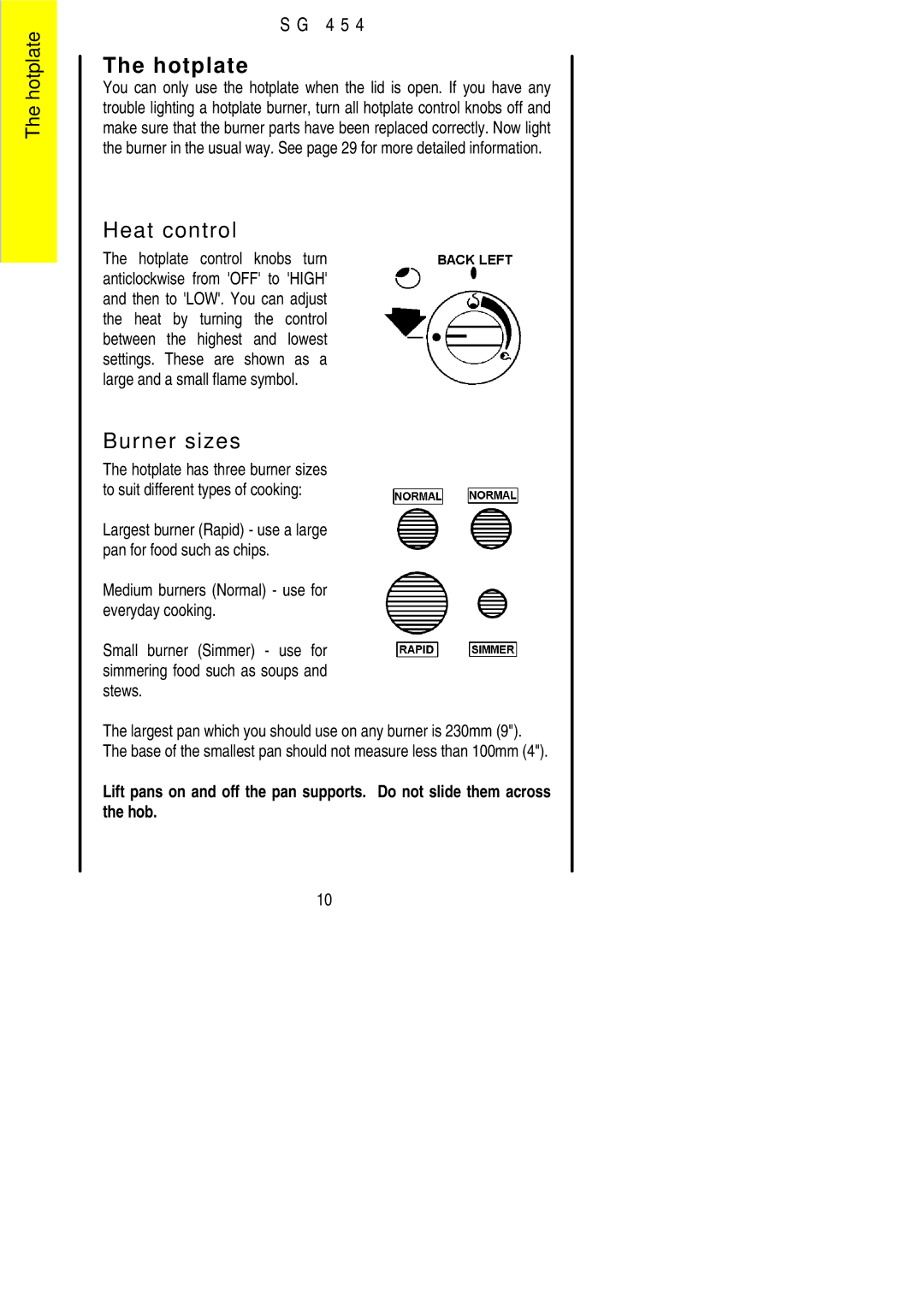 Electrolux SG 454 installation instructions Hotplate, Burner sizes 