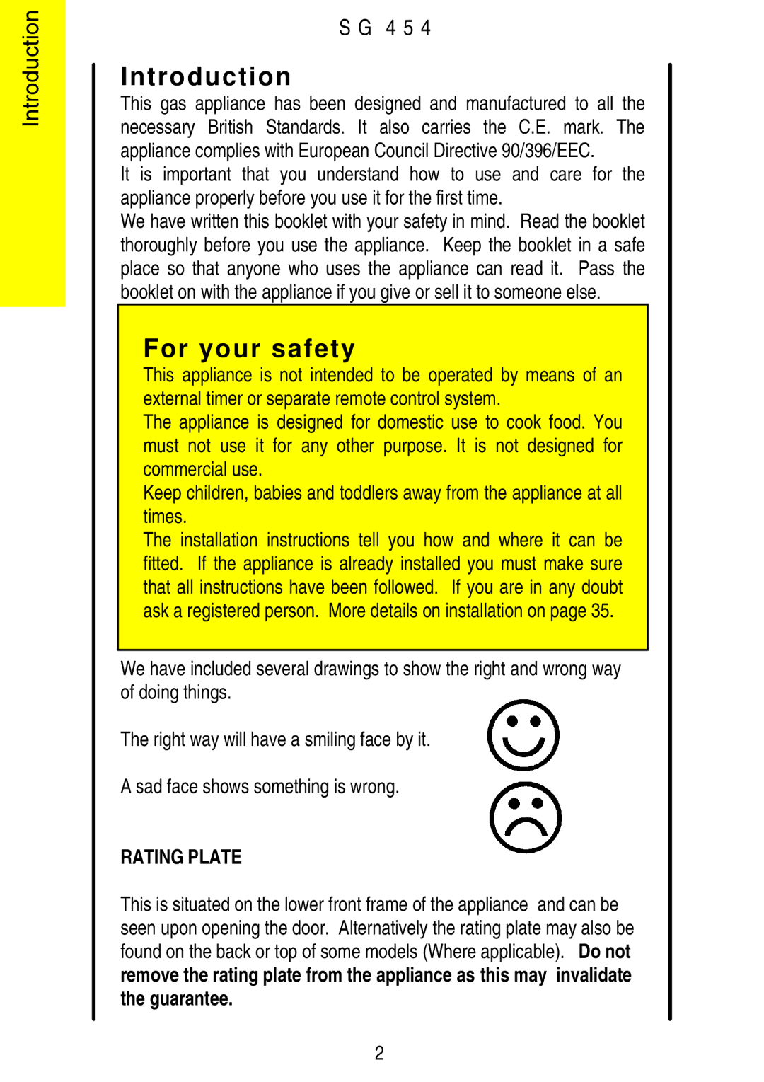 Electrolux SG 454 installation instructions Introduction, For your safety 