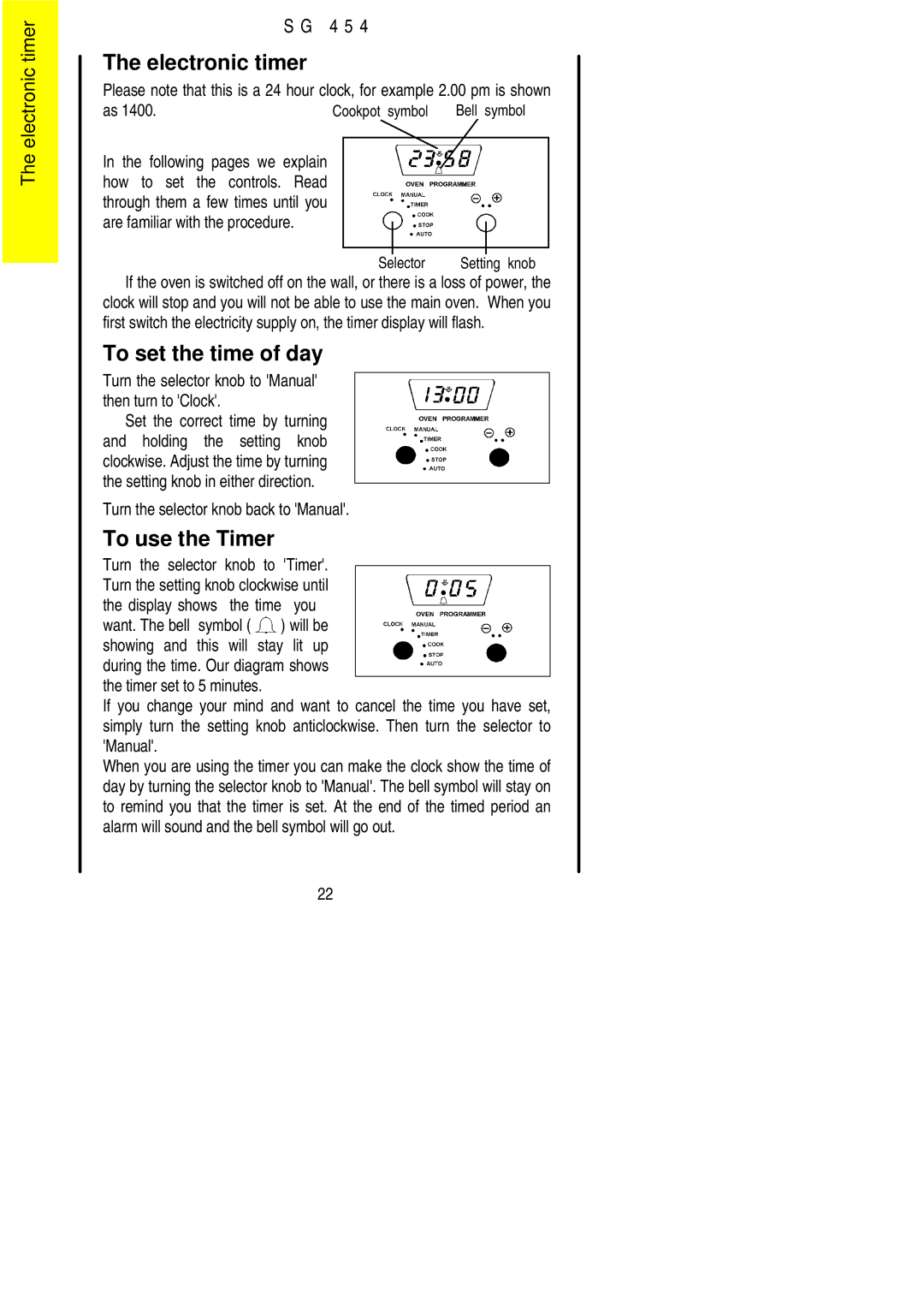 Electrolux SG 454 installation instructions Electronic timer 