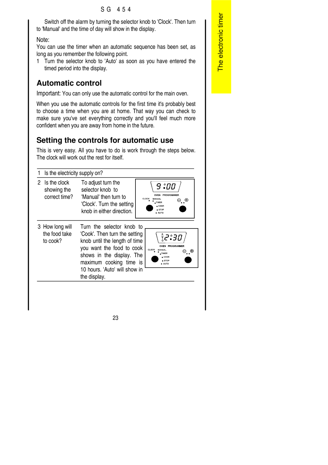 Electrolux SG 454 installation instructions Automatic control, Setting the controls for automatic use 