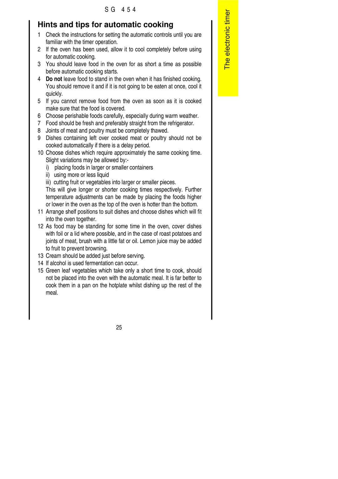 Electrolux SG 454 installation instructions Hints and tips for automatic cooking 