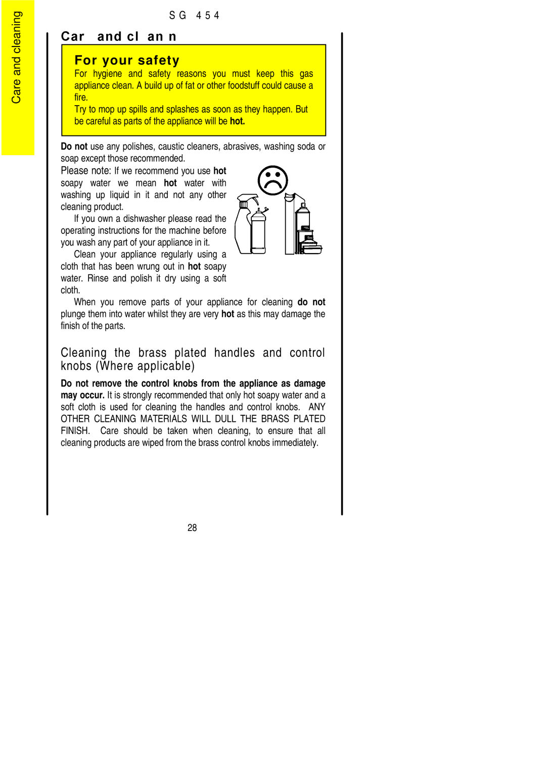 Electrolux SG 454 installation instructions Care and cleaning 