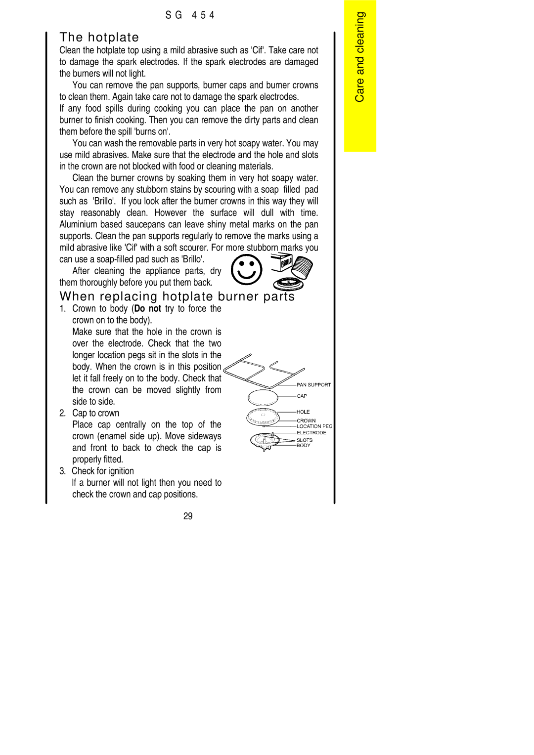 Electrolux SG 454 When replacing hotplate burner parts, Crown to body Do not try to force the crown on to the body 