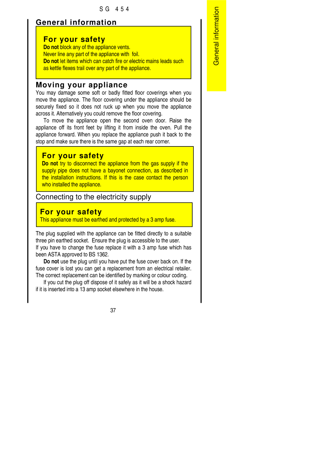 Electrolux SG 454 General information For your safety, Moving your appliance, Connecting to the electricity supply 