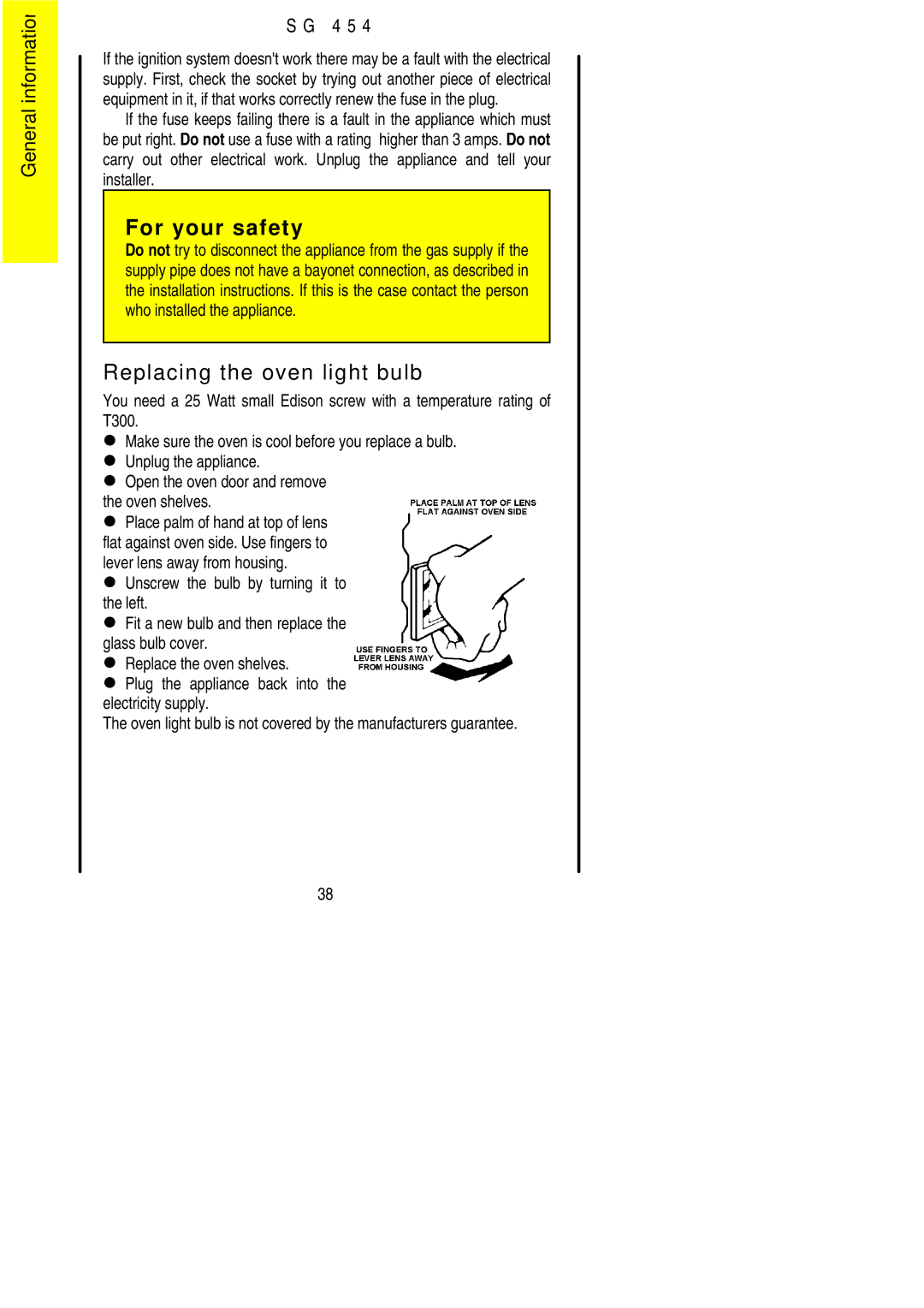 Electrolux SG 454 installation instructions Replacing the oven light bulb 