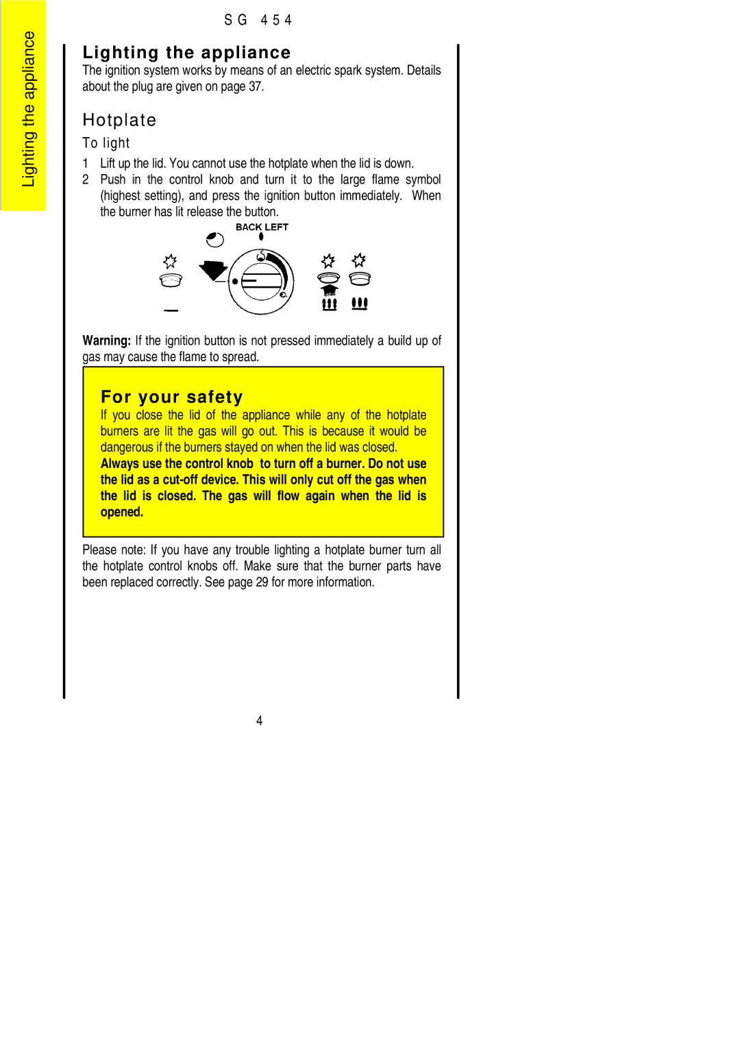 Electrolux SG 454 installation instructions Lighting the appliance, Hotplate 