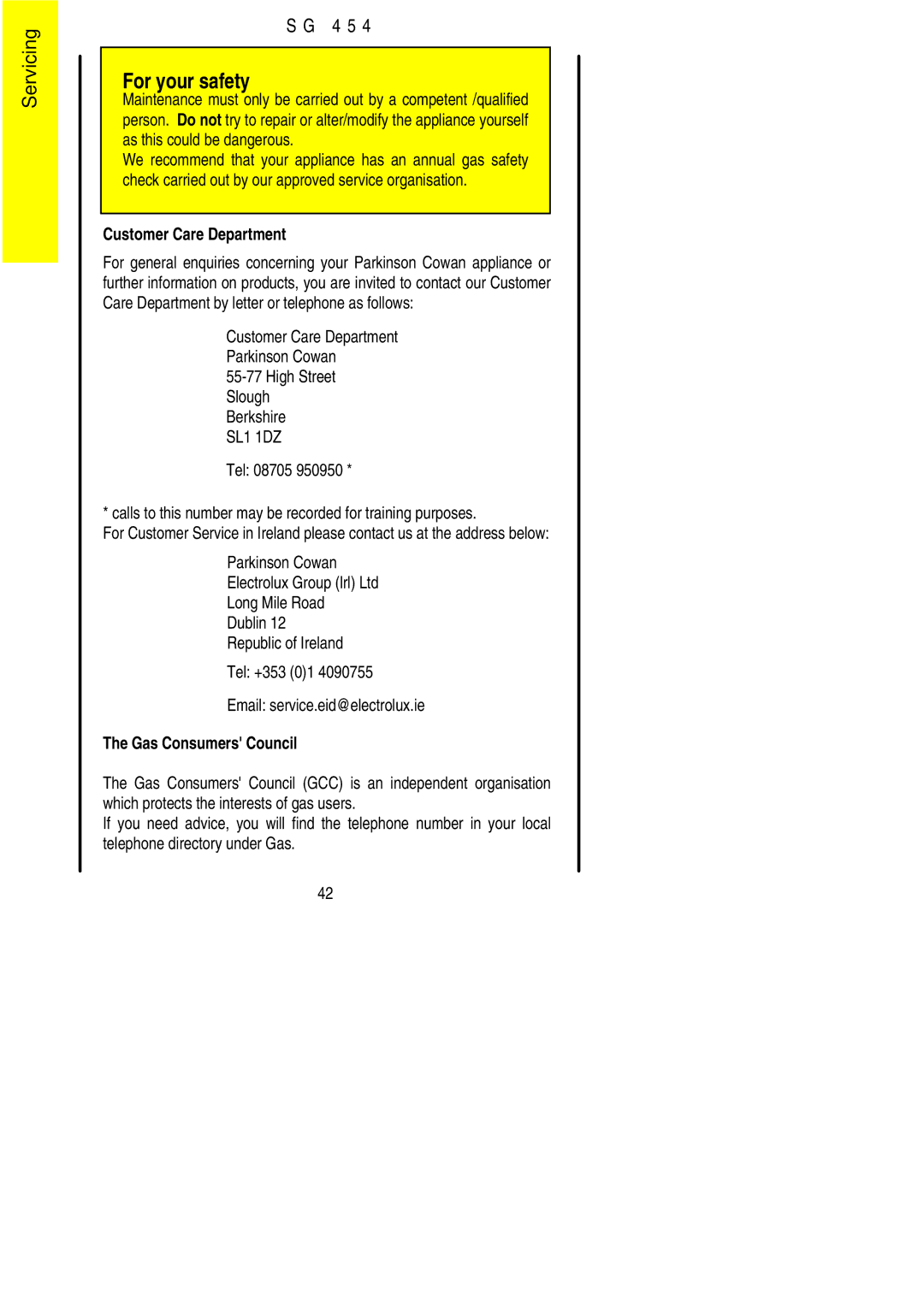 Electrolux SG 454 installation instructions Servicing 