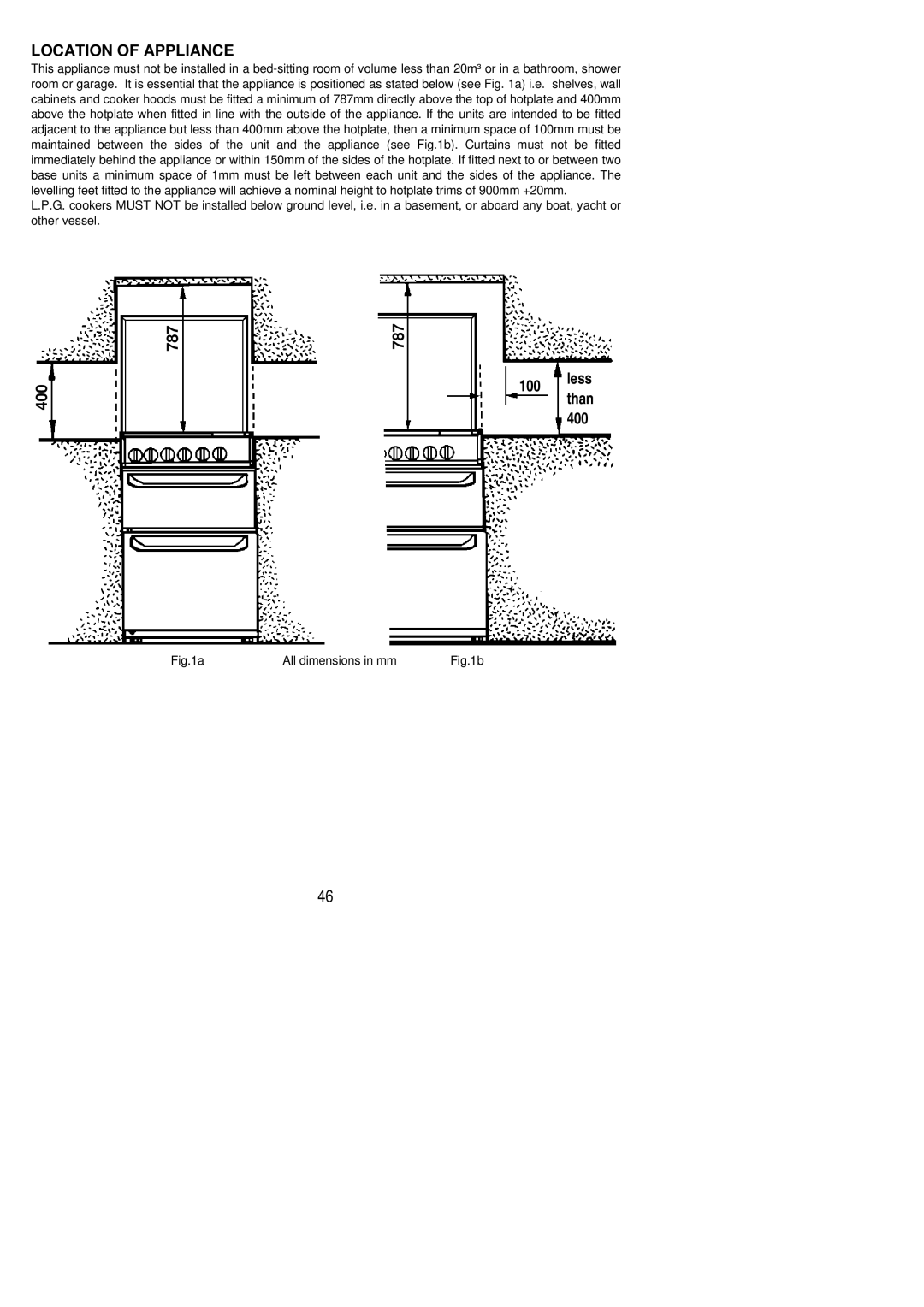 Electrolux SG 454 installation instructions Location of Appliance 