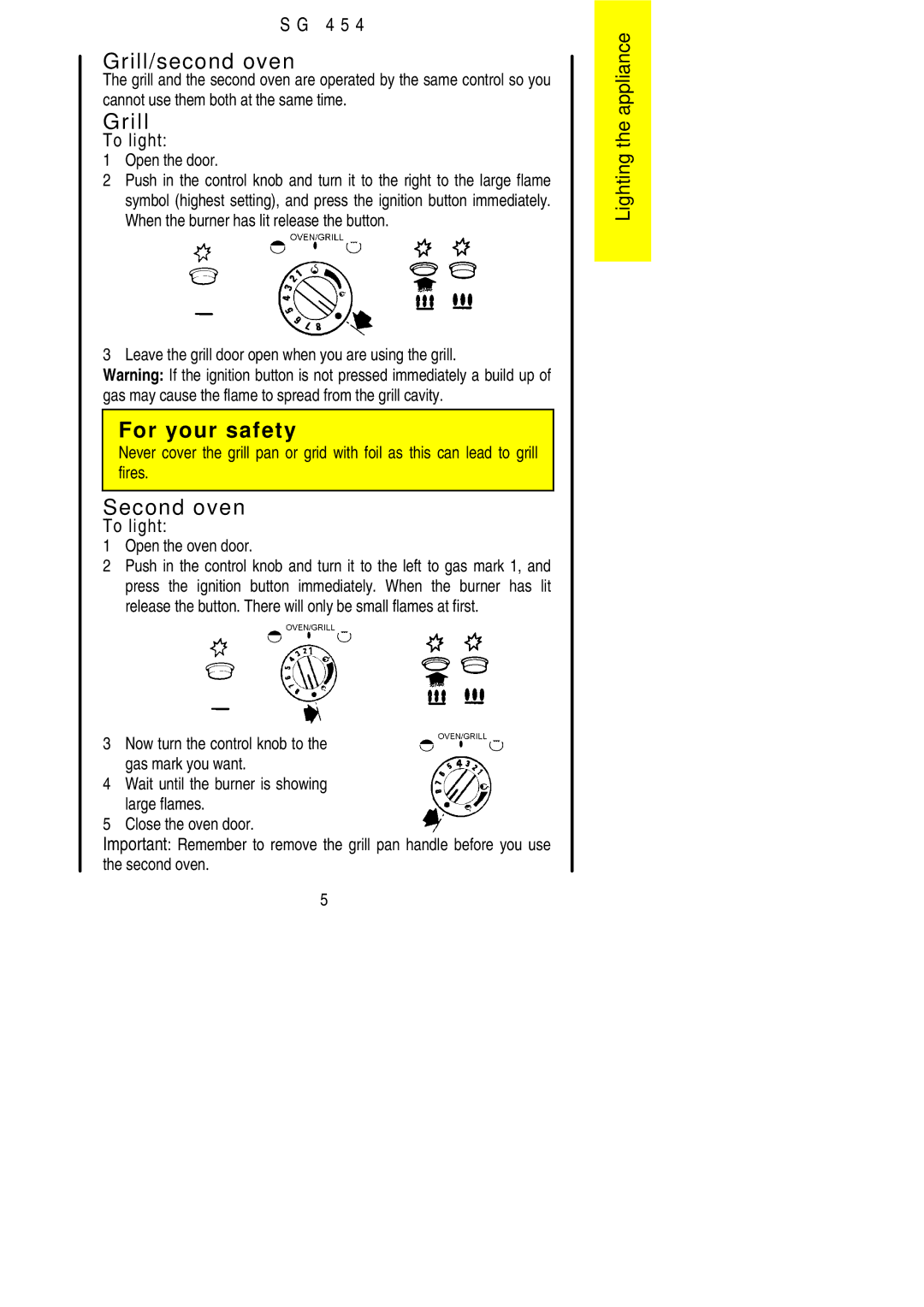 Electrolux SG 454 installation instructions Grill/second oven, Second oven 