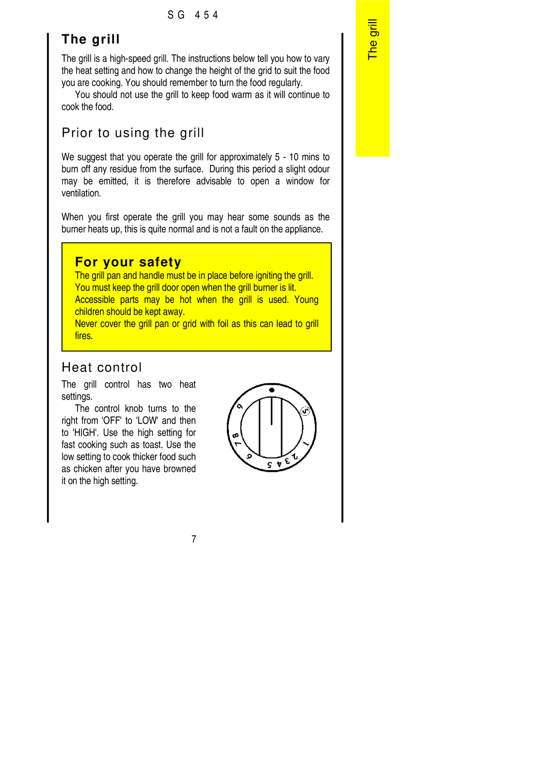 Electrolux SG 454 installation instructions Prior to using the grill, Heat control, Grill control has two heat settings 