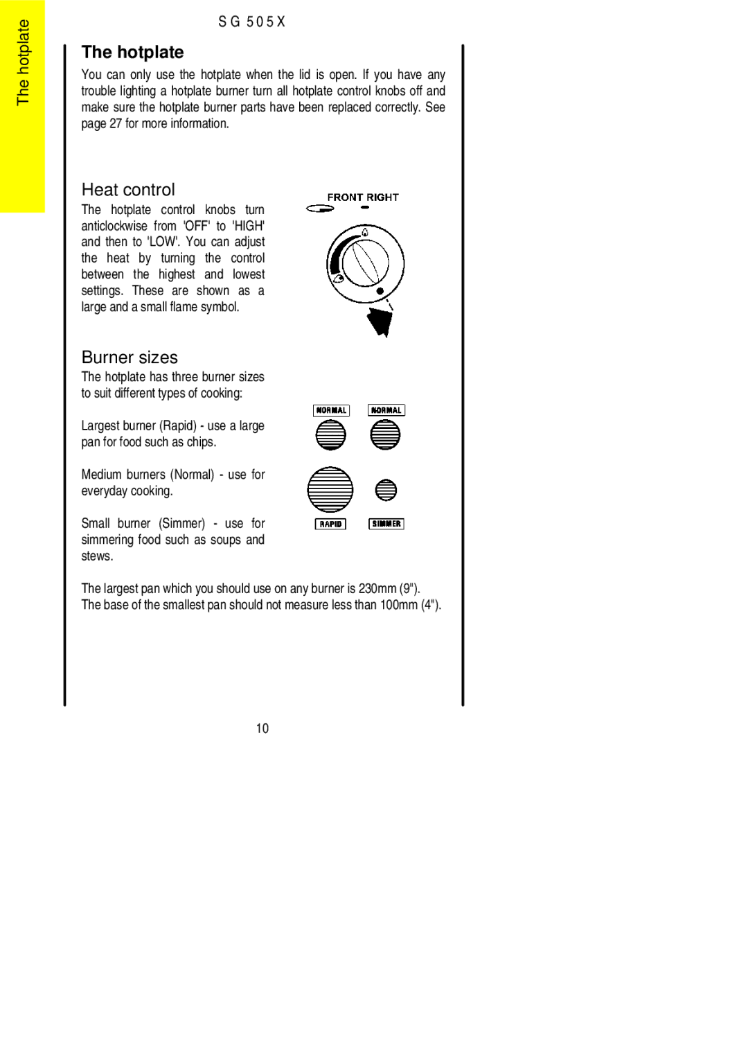 Electrolux SG 505X installation instructions Hotplate, Burner sizes 