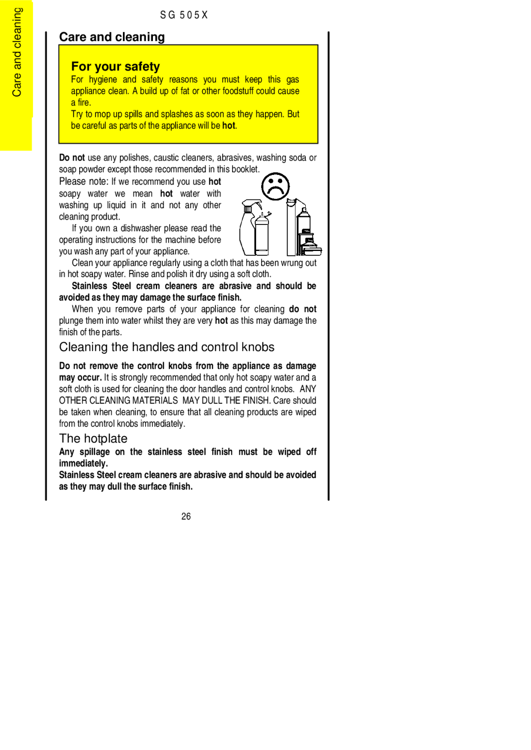 Electrolux SG 505X installation instructions Care and cleaning For your safety, Cleaning the handles and control knobs 