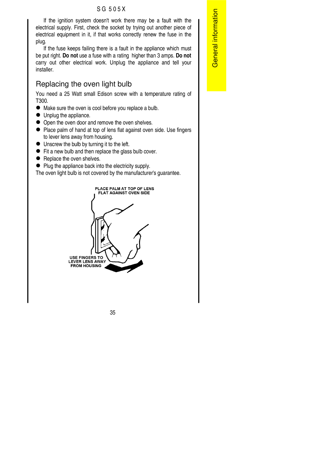 Electrolux SG 505X installation instructions Replacing the oven light bulb 