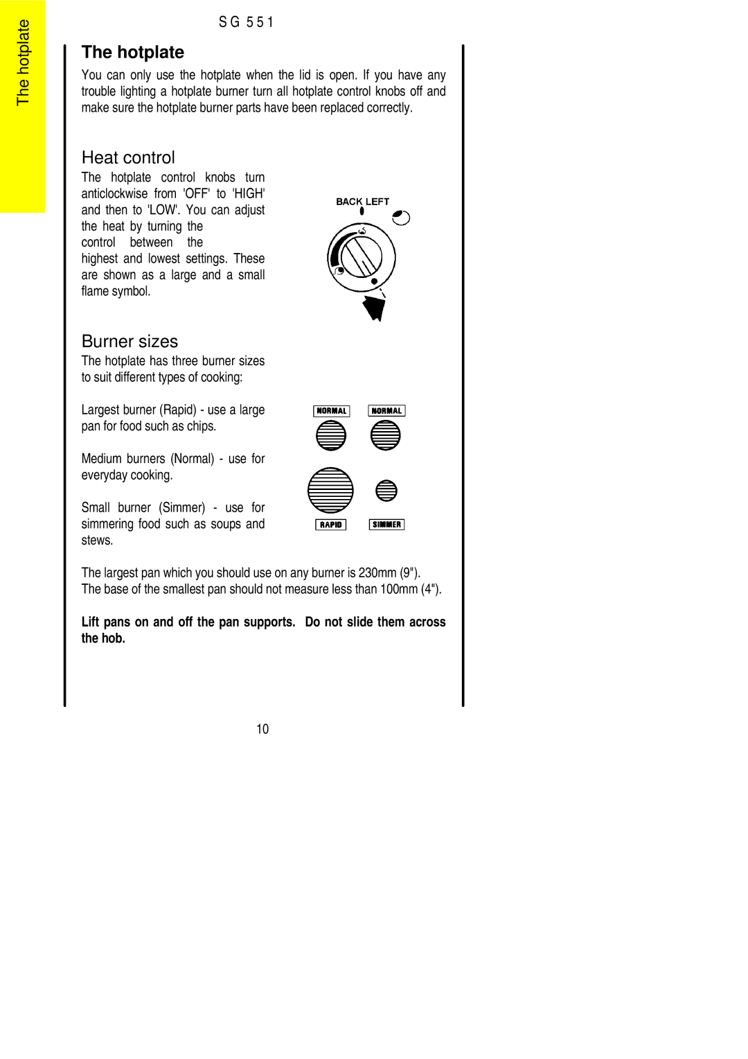 Electrolux SG 551 installation instructions Hotplate, Burner sizes 