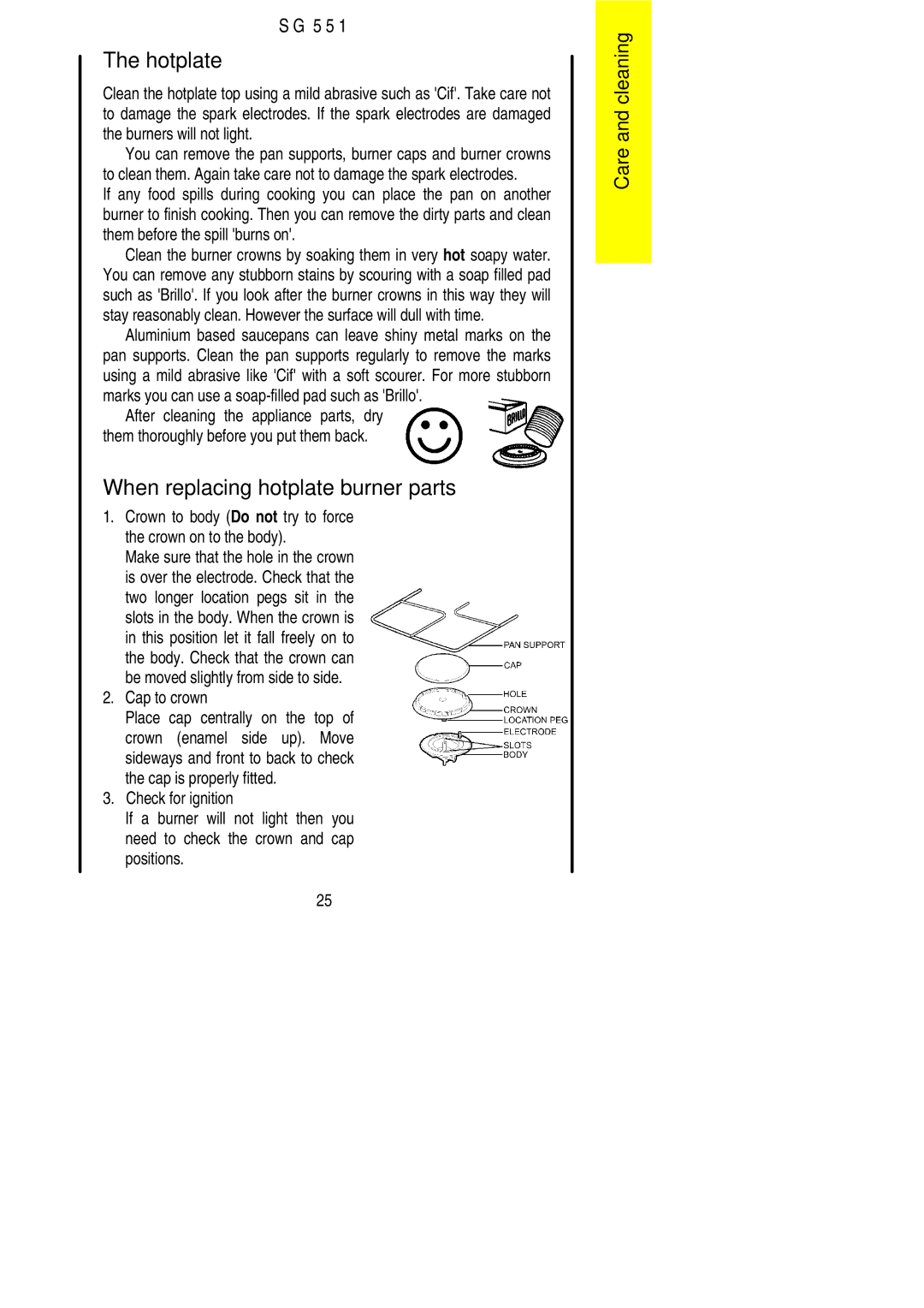 Electrolux SG 551 installation instructions When replacing hotplate burner parts, Cap to crown 