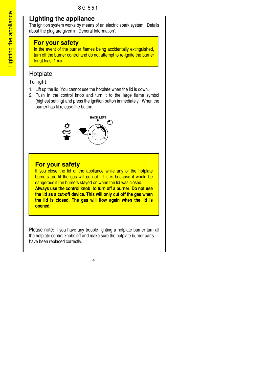 Electrolux SG 551 installation instructions Lighting the appliance, Hotplate 