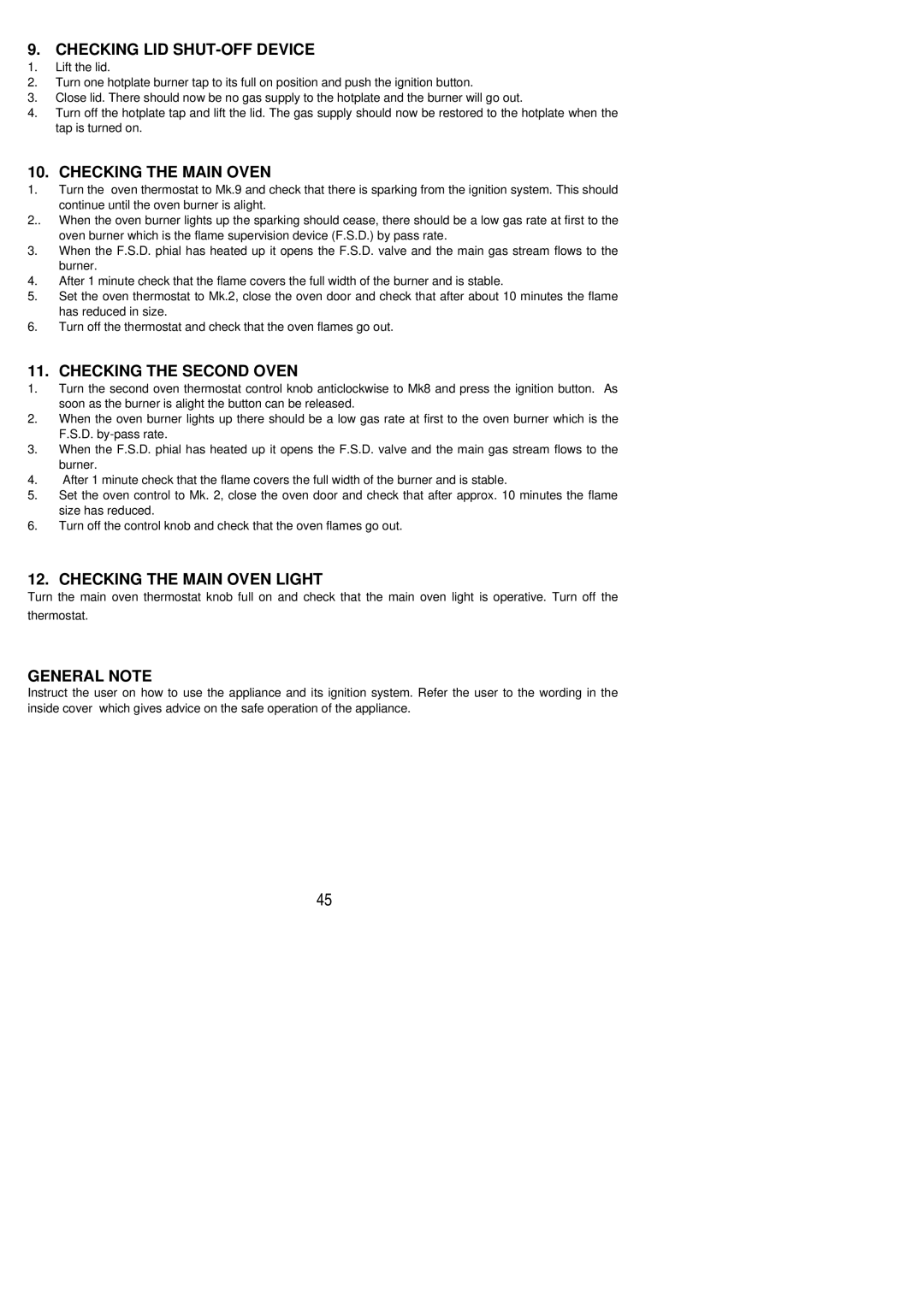 Electrolux SG 551 Checking LID SHUT-OFF Device, Checking the Main Oven, Checking the Second Oven, General Note 