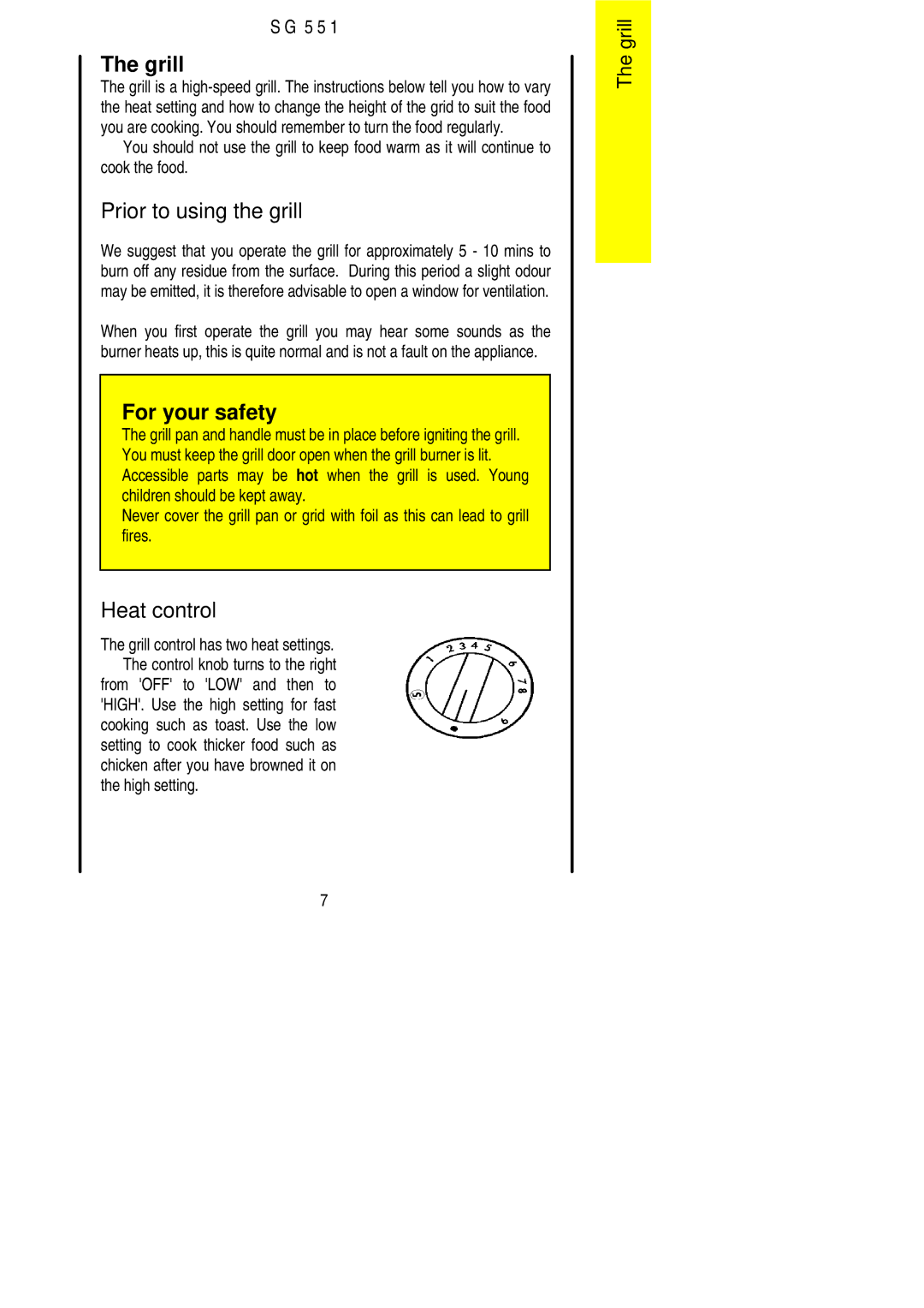 Electrolux SG 551 installation instructions Grill, Prior to using the grill, Heat control, High setting 