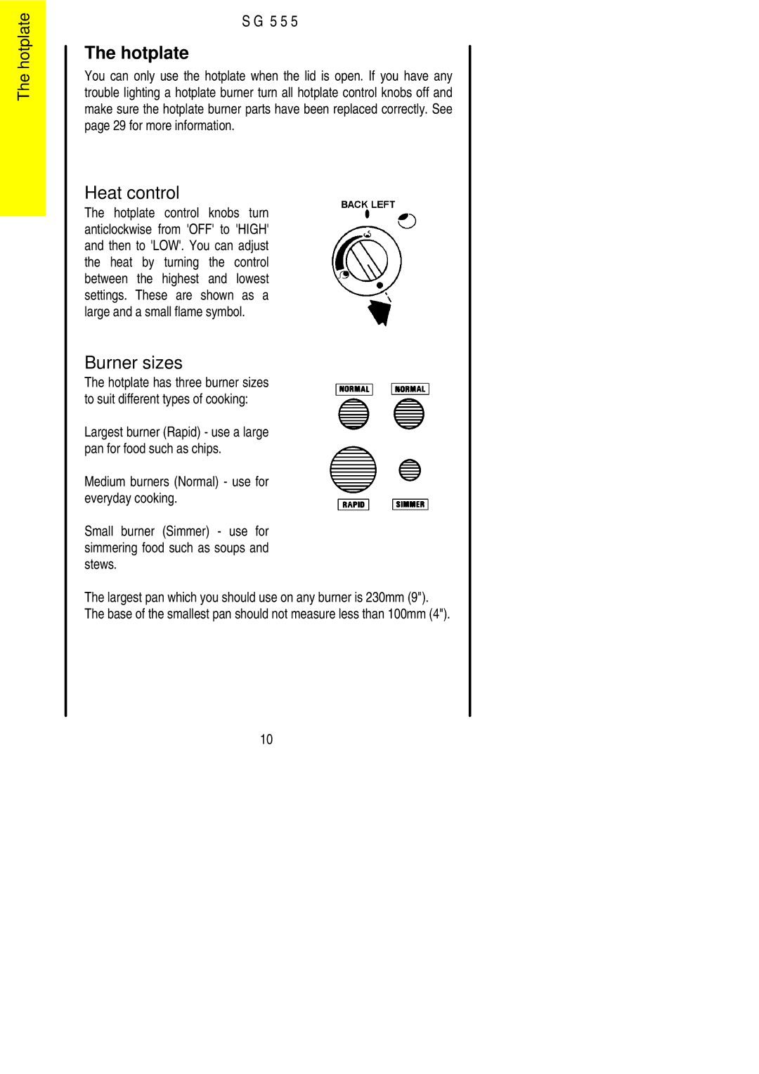 Electrolux SG 555 installation instructions Hotplate, Burner sizes 