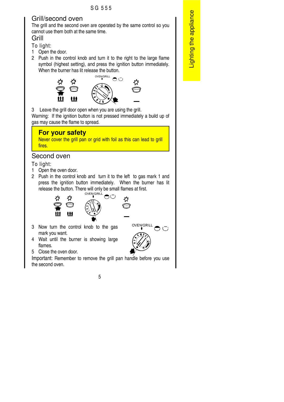 Electrolux SG 555 installation instructions Grill/second oven, Second oven 