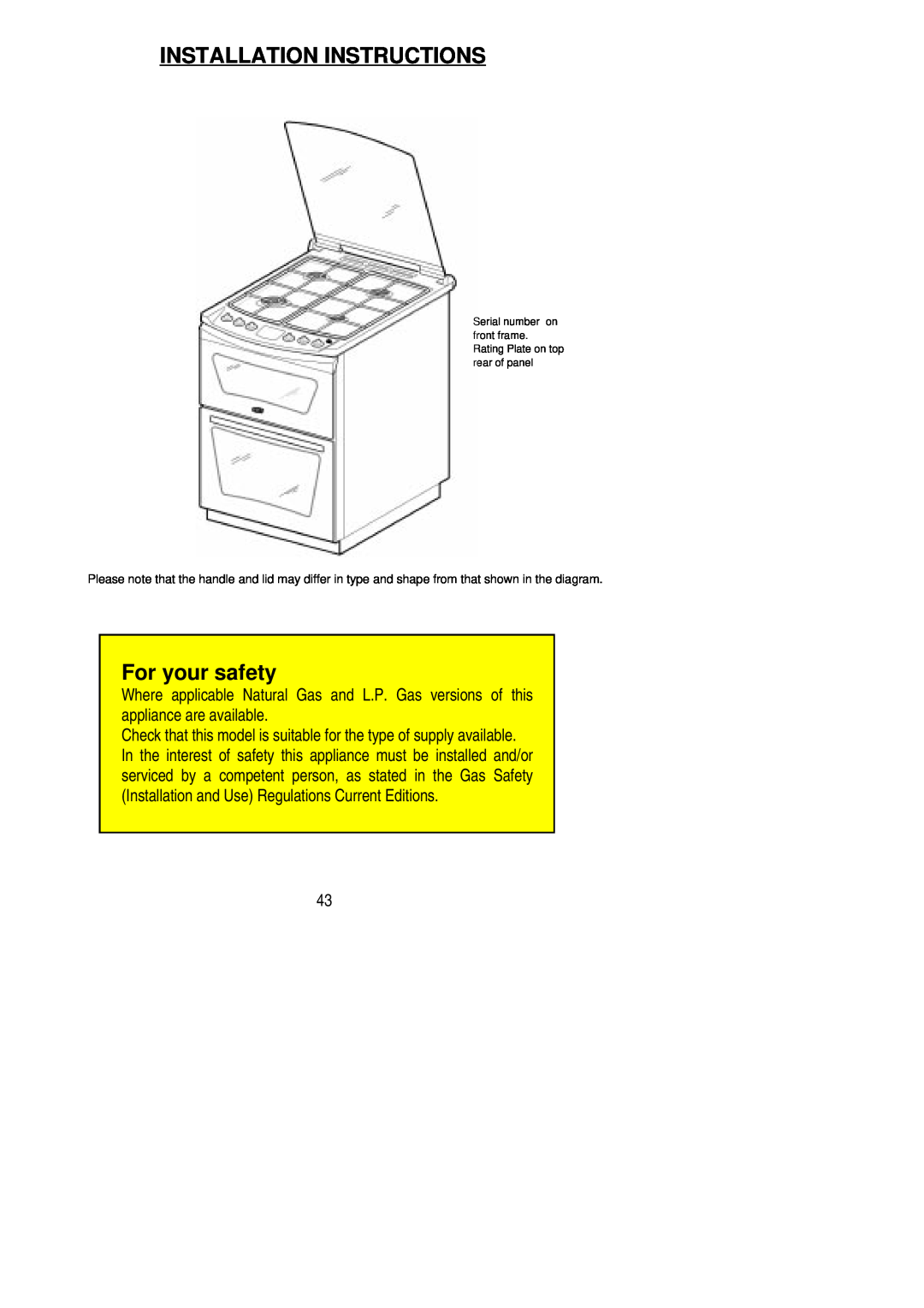 Electrolux SG 555 installation instructions Installation Instructions, For your safety 