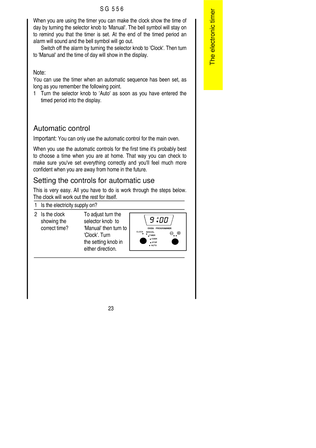Electrolux SG 556 Automatic control, Setting the controls for automatic use, Clock. Turn, Either direction 