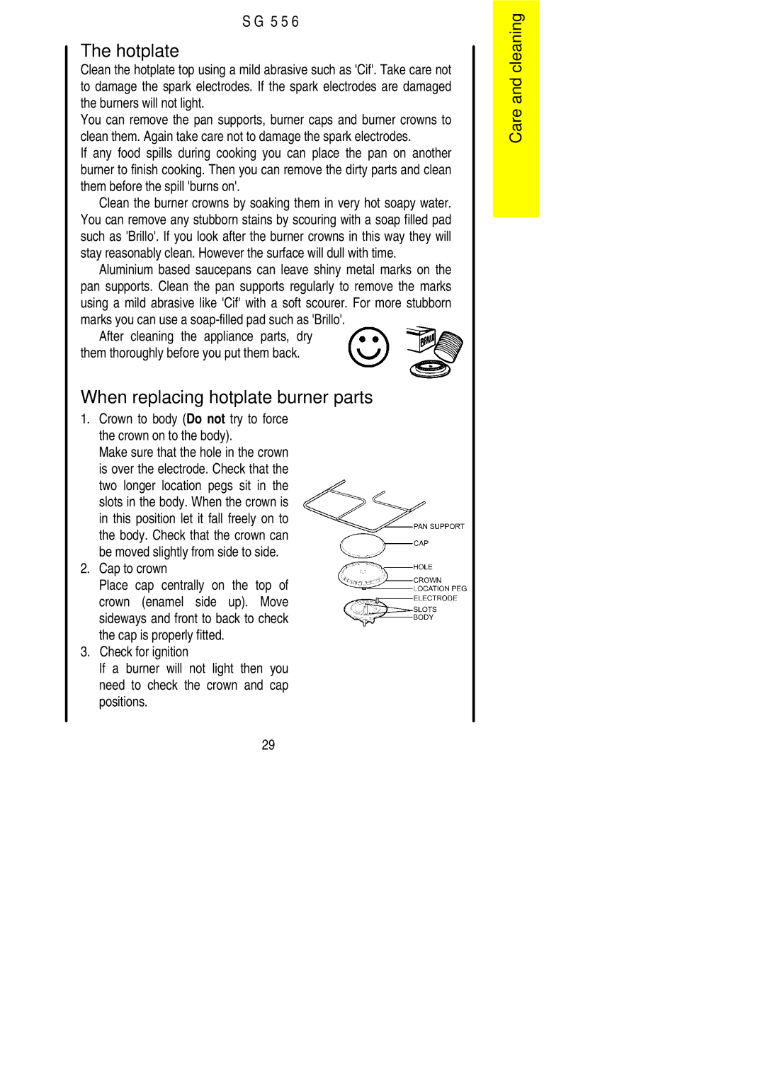 Electrolux SG 556 installation instructions When replacing hotplate burner parts, Cap to crown 