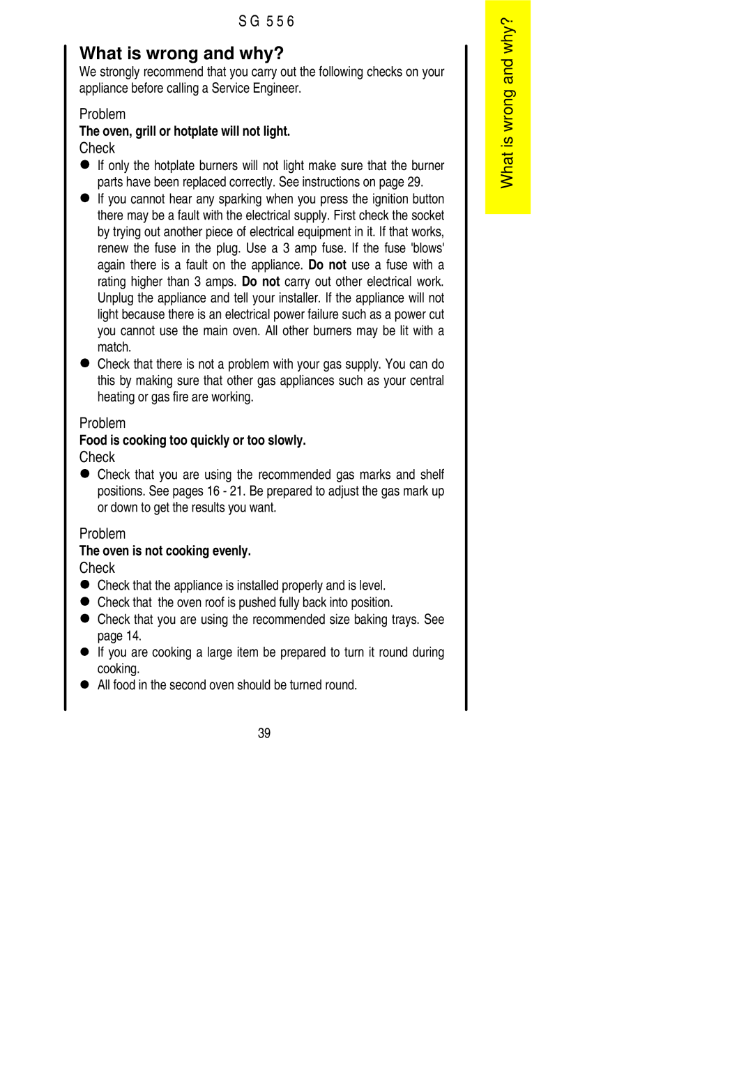 Electrolux SG 556 installation instructions What is wrong and why?, Check 