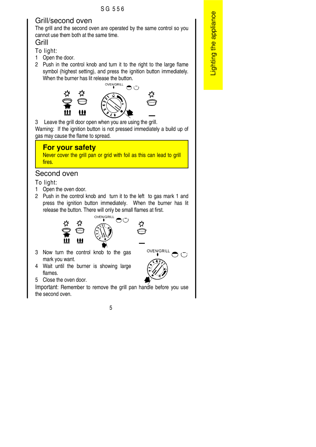 Electrolux SG 556 installation instructions Grill/second oven, Second oven 