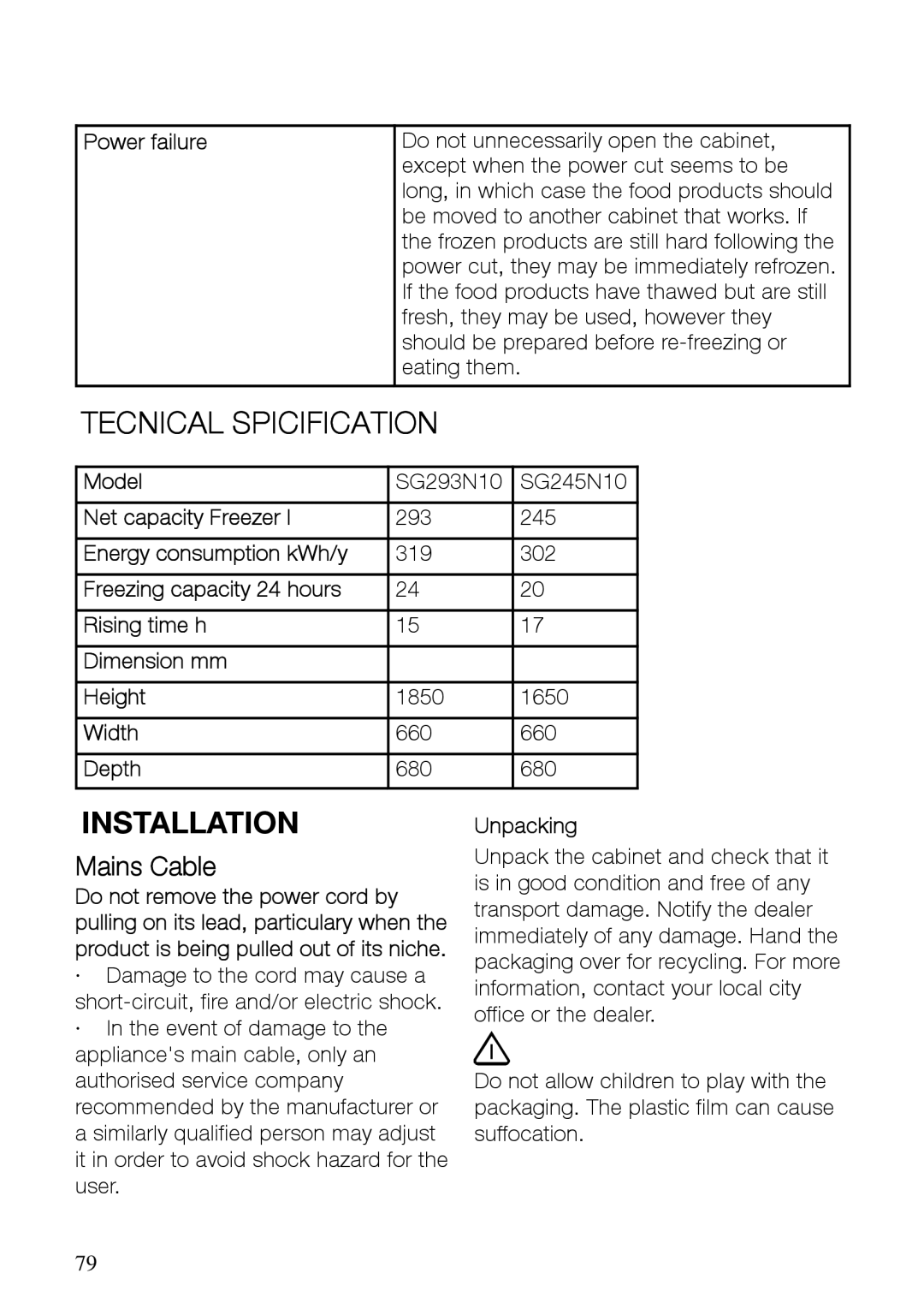 Electrolux SG245N10, SG293N10 user manual Mains Cable 