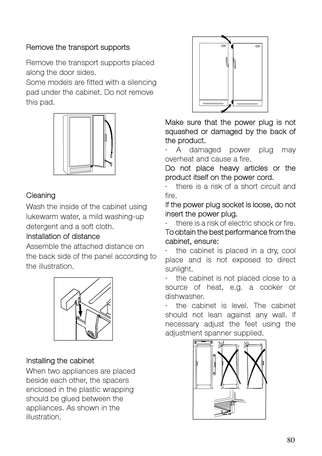 Electrolux SG293N10, SG245N10 Remove the transport supports, Cleaning, Installation of distance, Installing the cabinet 