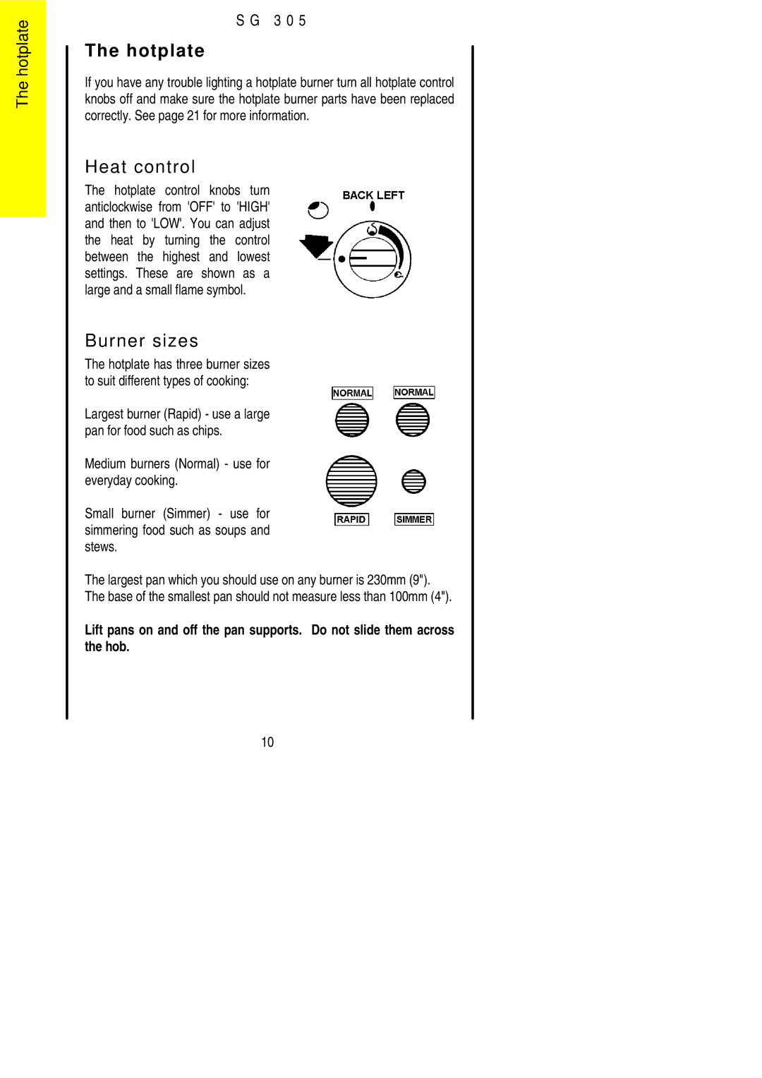 Electrolux SG305 installation instructions Hotplate, Burner sizes 